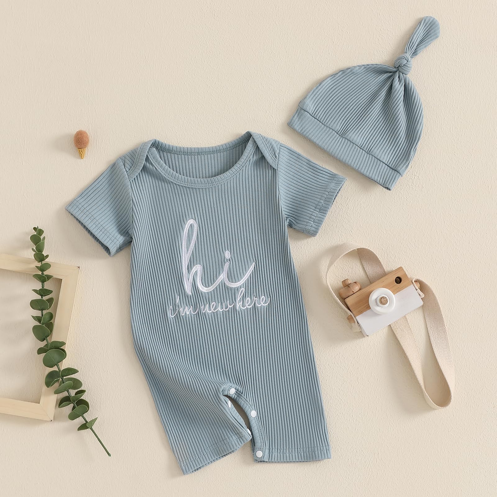 Awwpiely I'm New Here Newborn Baby Boy Clothes Embroidery Letter Short Sleeve One Piece Romper Rib Jumpsuit Summer Outfit (Blue, Newborn)