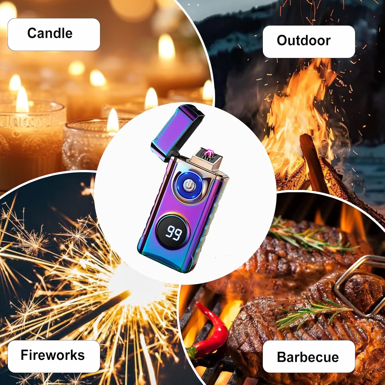 Electric Lighters Plasma Lighters Rechargeable with with LED LED Display and LED Emergency Lights Windproof USB Rechargeable Lighter Cool Lighte for Candle,Camping,Gift(Color)