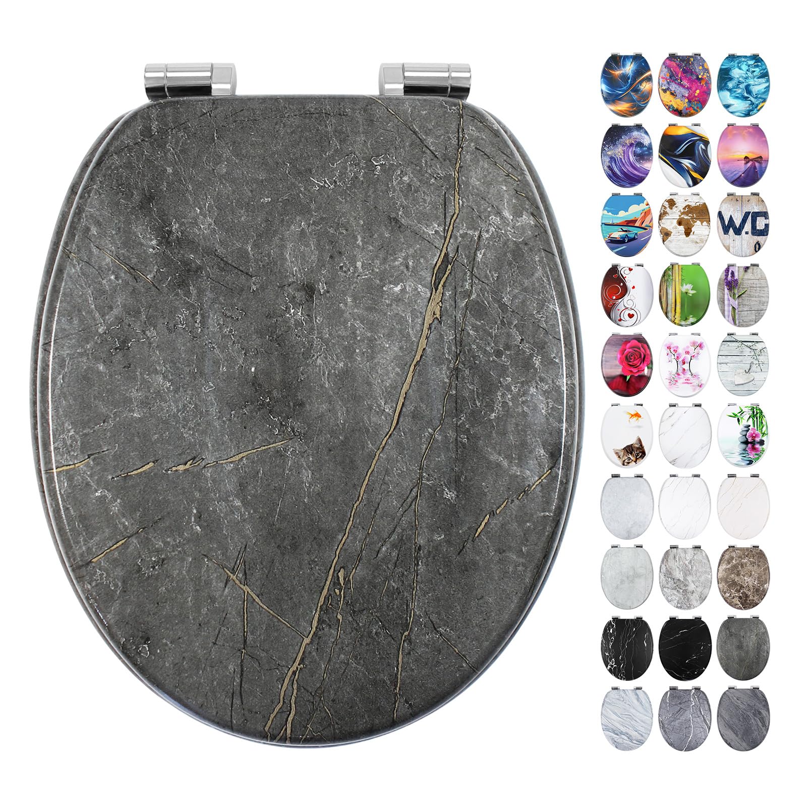 Fanmitrk Wooden Toilet Seat-Durable MDF Toilet Seat Soft Close Marble Effect(Marble8)