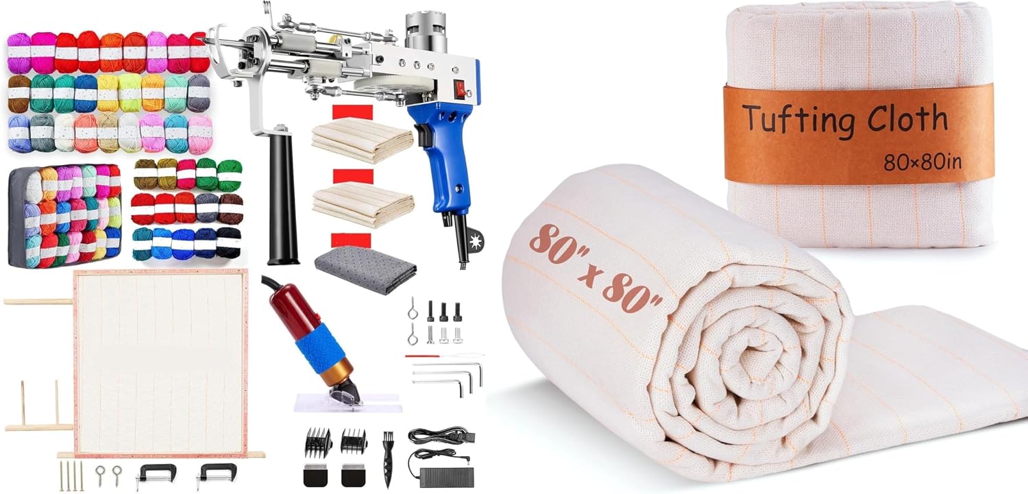 BESGEER 2024 Rug Tufting Gun Starter Kit with Frame and Carpet Trimmer, 80" × 80" Primary Tufting Cloth, Gun Machine Starter Kit with Rug Shaver(Blue)