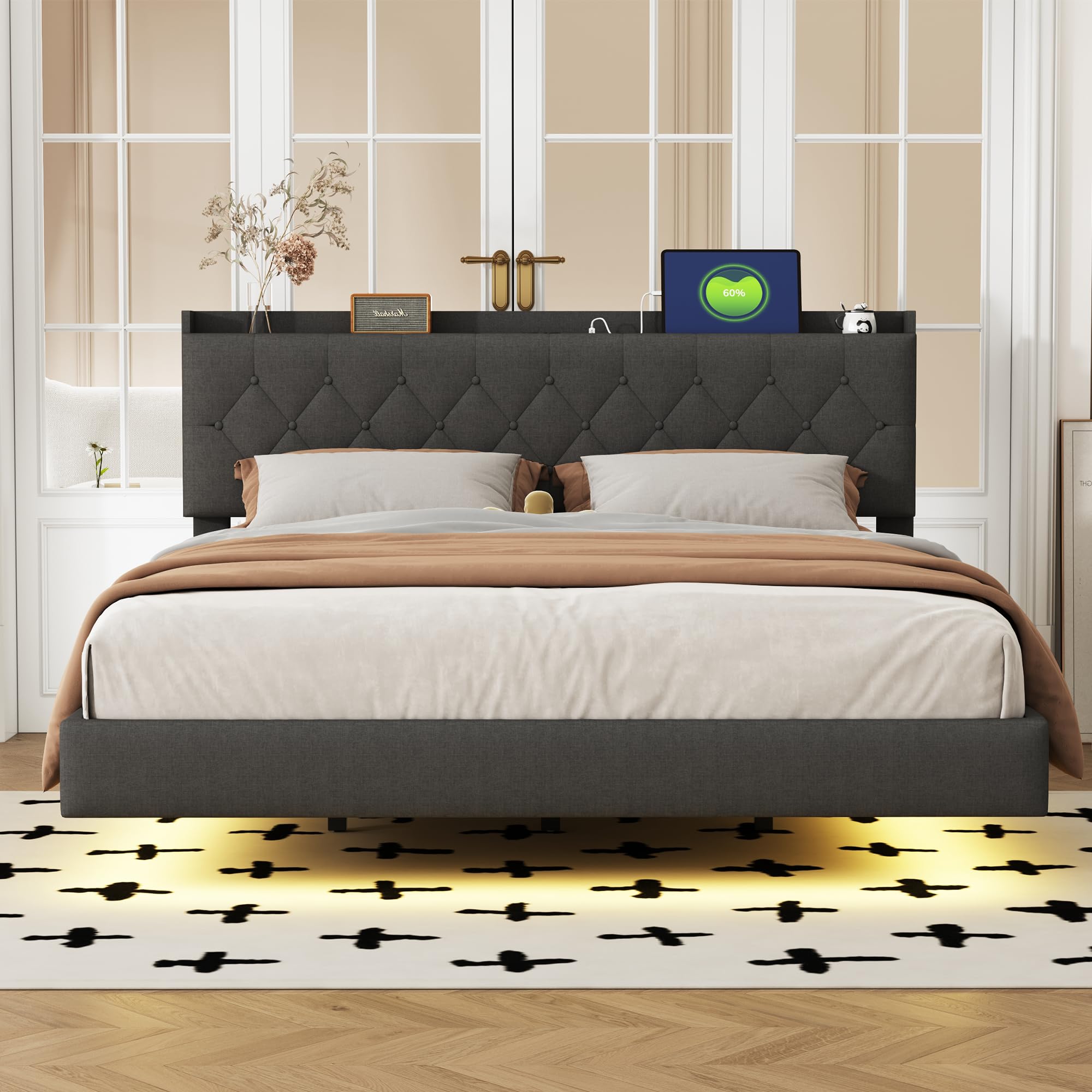 Polsterbett Schwebebett 160x200 mit LED-Beleuchtung, USB-Ladefunktion