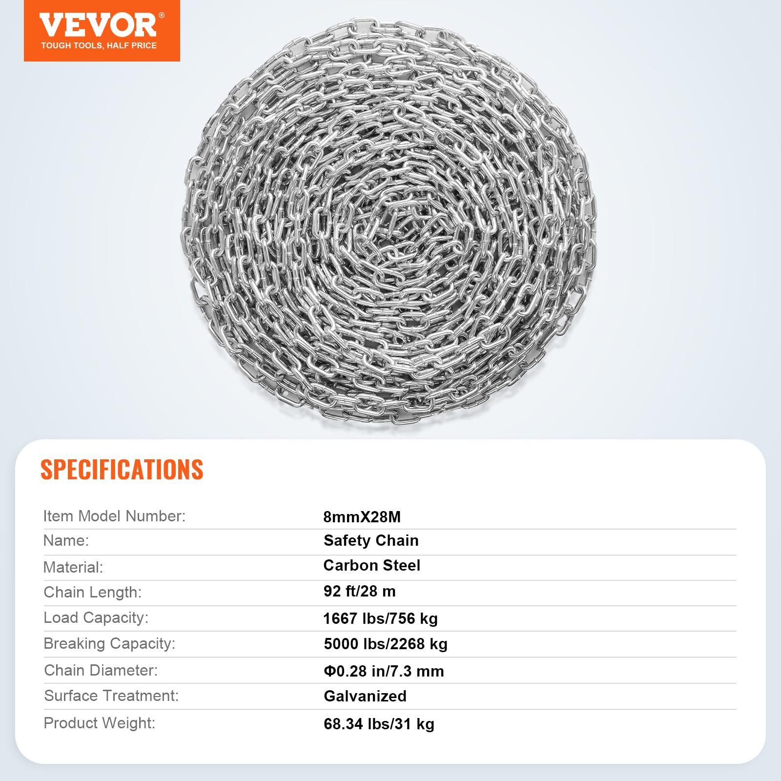 VEVOR Catena a maglie in acciaio al carbonio zincato, 7,3 mm x 28 m, Capacità di carico 756 kg, Due connettori rapidi, Catena per traino, Sospensione, Campeggio, Catena traino di sicurezza da auto