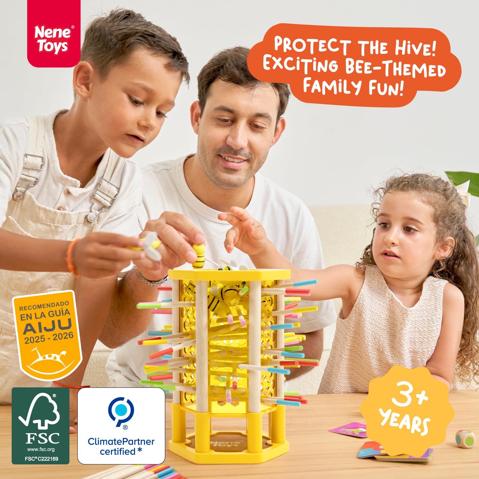 Nene Toys BeeFall Jumbo, 4-in-1 Wooden Honey Bee Toy for Kids Ages 3-9, Educational Game with Wooden HoneyBee Hive, 12 Bees - Image 2