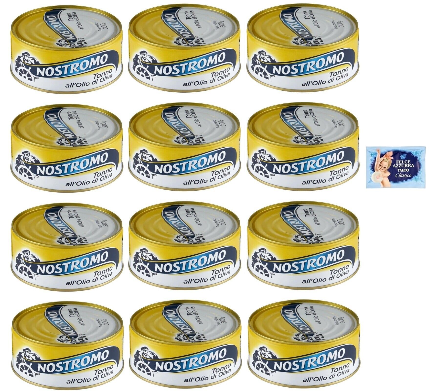 12x Nostromo Tonno all'Olio di Oliva,Pesce in Scatola,Lattine da 300g + 1 Confezione di Talco Felce Azzurra in omaggio, Busta da 100g
