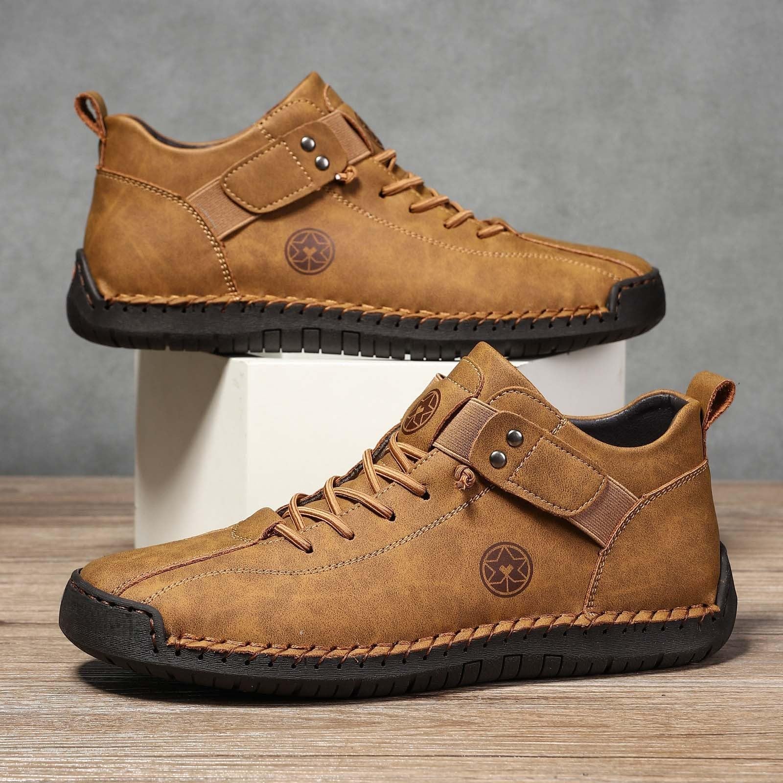 Męskie buty oksfordzkie sznurowane sztuczna skóra płaskie buty do chodzenia w stylu vintage z przeszyciami, Brązowy, 40 EU