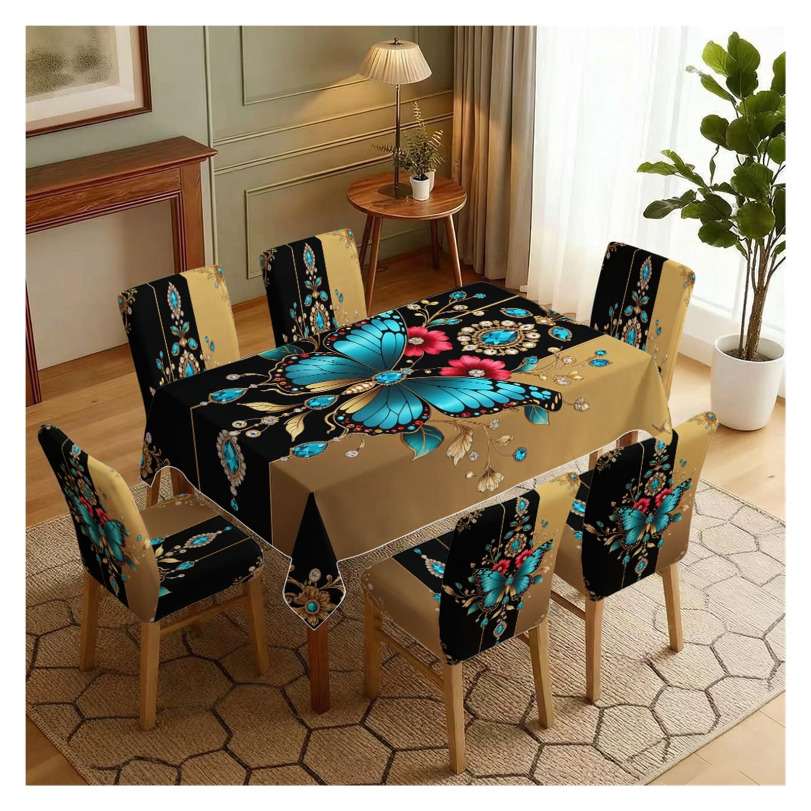 KXUAUV Luxury Butterfly Print Tablecloth & Chair Covers Set, Slipcovers For Dining Room, Kitchen, Banquet & Elegant Decor, 5/7 Pack Party Decor(7pcs Set: Tablecloth+Chair Covers)