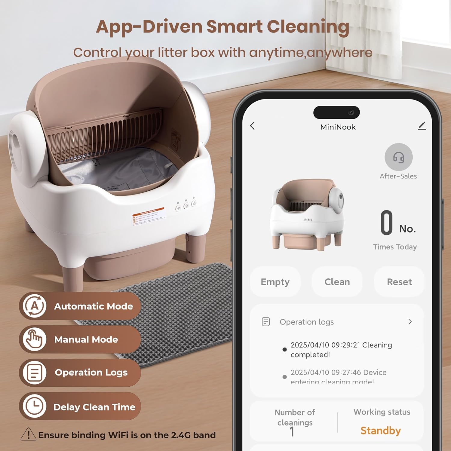 Screenshot of the mobile application interface for controlling the Duabes Automatic Litter Box, showing automatic and manual modes, operation logs, and cleaning delay settings.