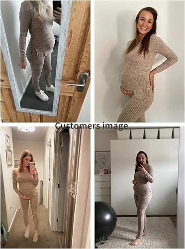 Miniatura 5 de SOLY HUX Conjunto de maternidad para mujer, conjunto de 2 piezas, manga larga, dobladillo dividido y pantalones de cintura elástica ajustable