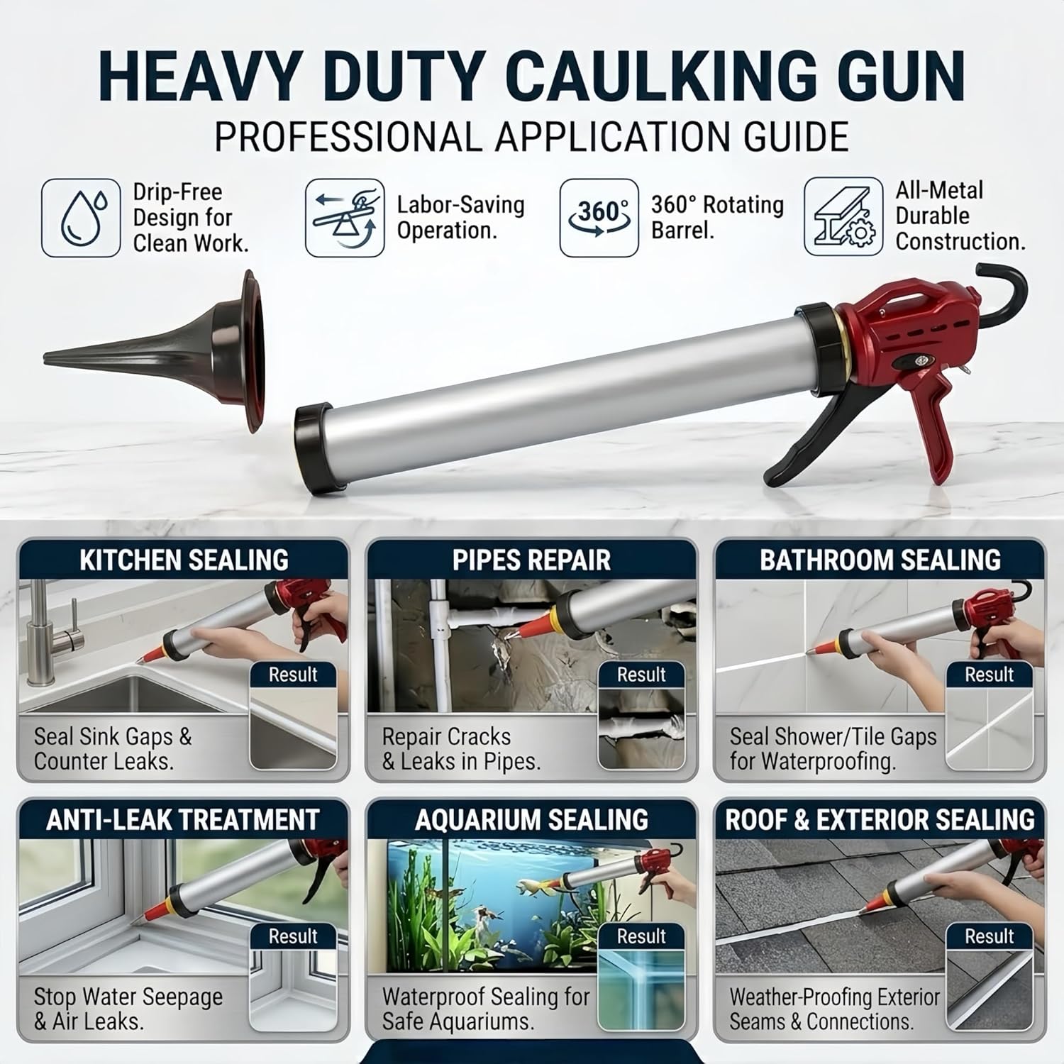 Heavy-Duty 2-in-1 Sausage Caulking Gun, 18:1 High Thrust Ratio, Professional Silicone Gun for 20oz Sausage Pack & 10oz Cartridge, One-Touch Drip-Free, 360° Rotating Barrel, 10+ Nozzle Accessories