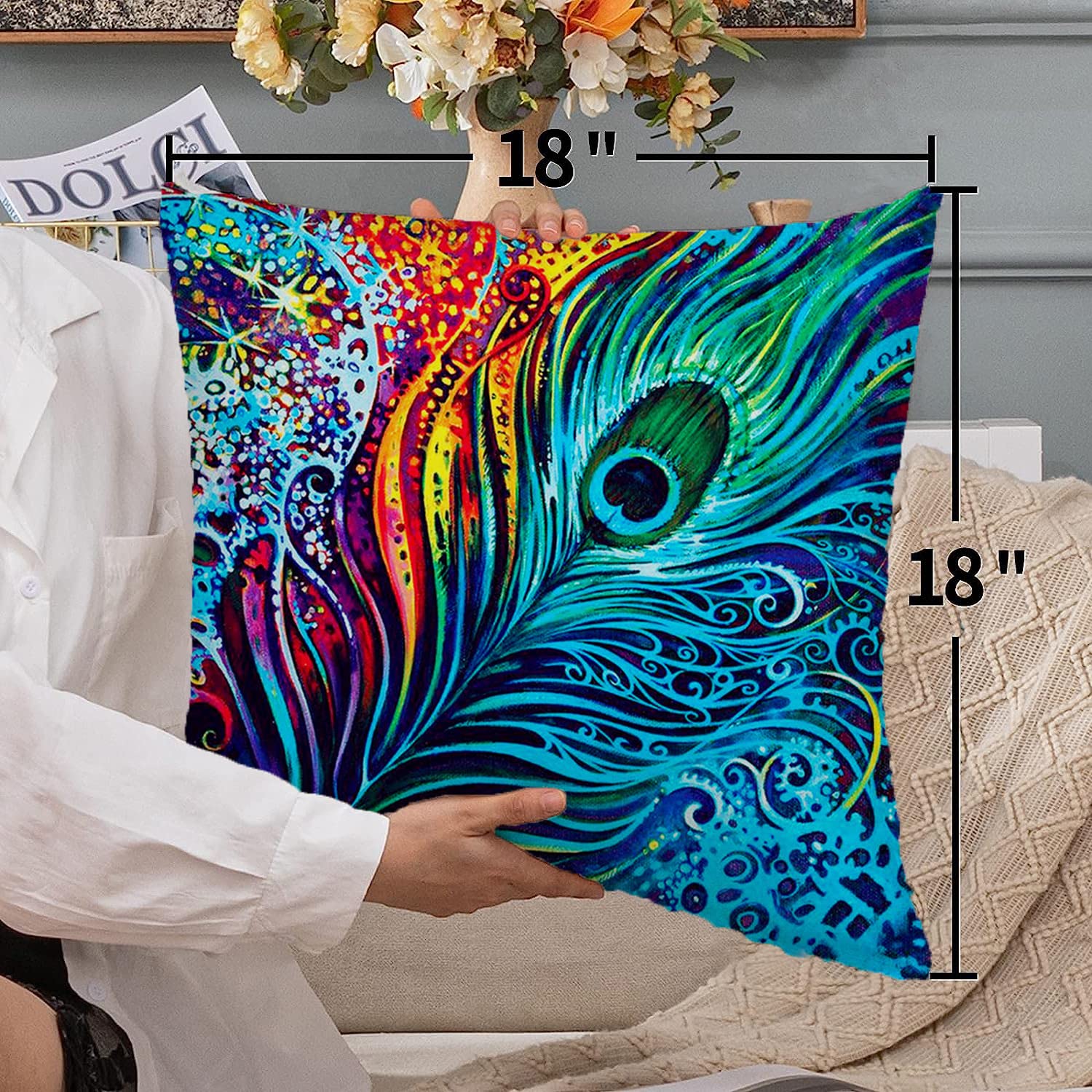 KUNQIAN Cushion Cover Peacock Gift for Women Feather Blue Olive Pillow Cover Decor for Home Livingroom Couch Bed Sofa Decorate Throw Pillow Case 18"x18" - Image 3