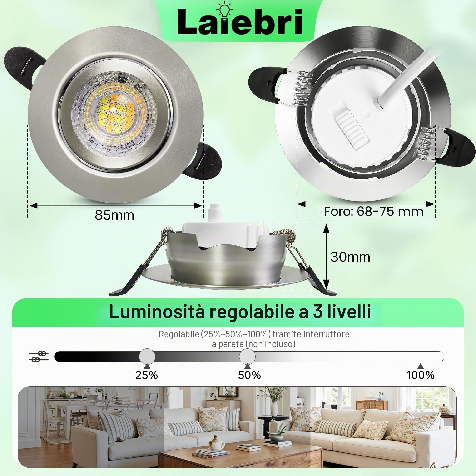 Faretti LED da incasso, 230V, dimmerabili, 6W, IP44, diametro 68mm, orientabili a 38°, temperatura colore 3000K/4000K/6000K, per bagno, faretti piatti da incasso, Nichel, 6er