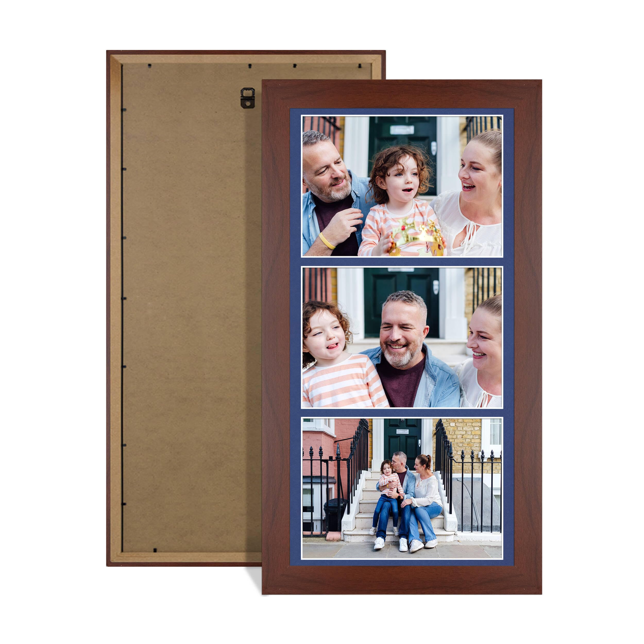 Alison Kingsgate Rose Wood 16x8 Photo frames for multiple pictures- Collage Frame for 3 Pictures With Blue Mount - Holds (3x) 7x5 Photos - Engineered Wood & Perspex โ image 1