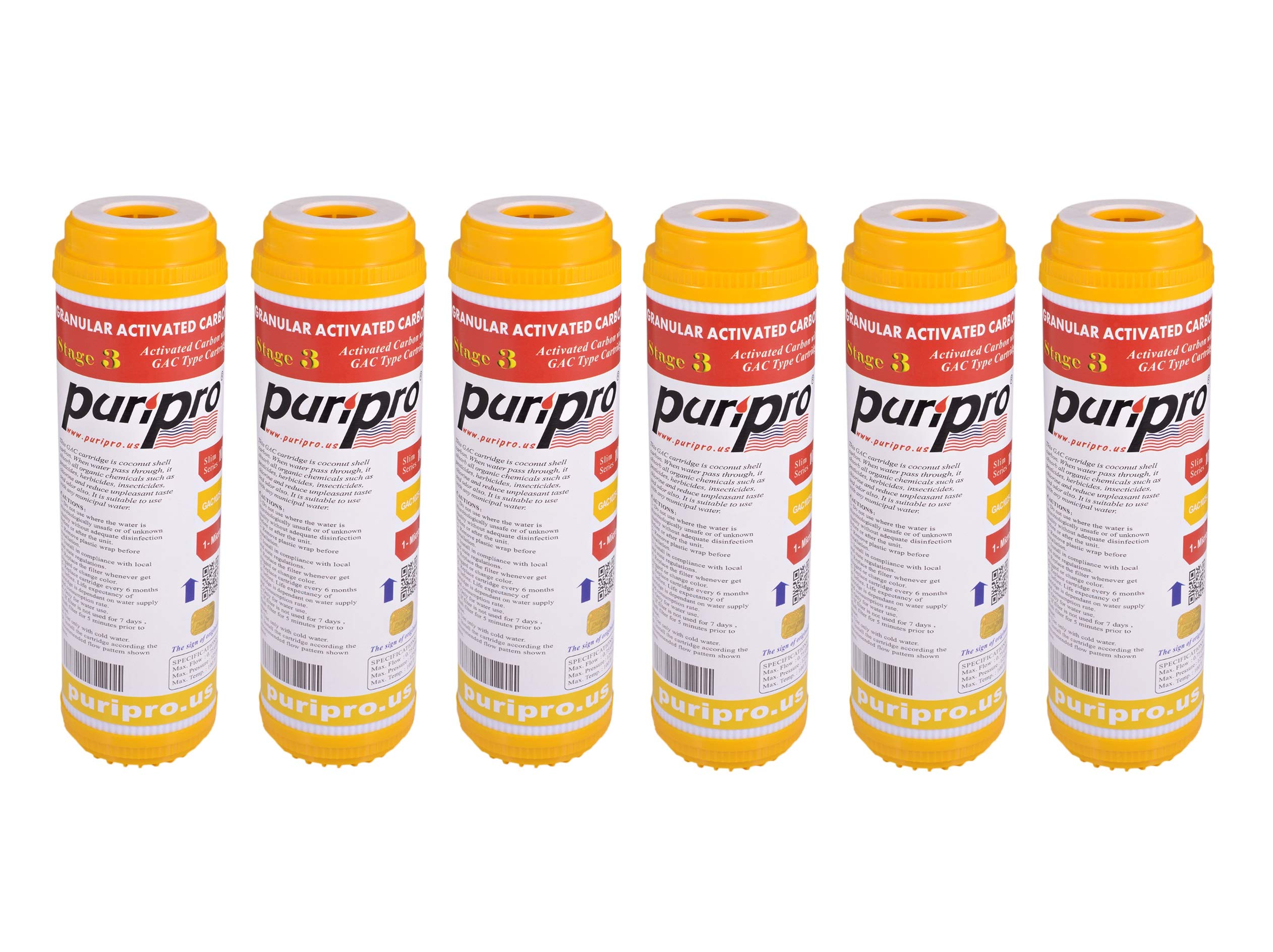 Puri Pro Granular Activated Carbon Filter GAC Pack of 6 Pcs For Reverse Osmosis Under Sink OR Counter Top Filter 10" x 2.5"
