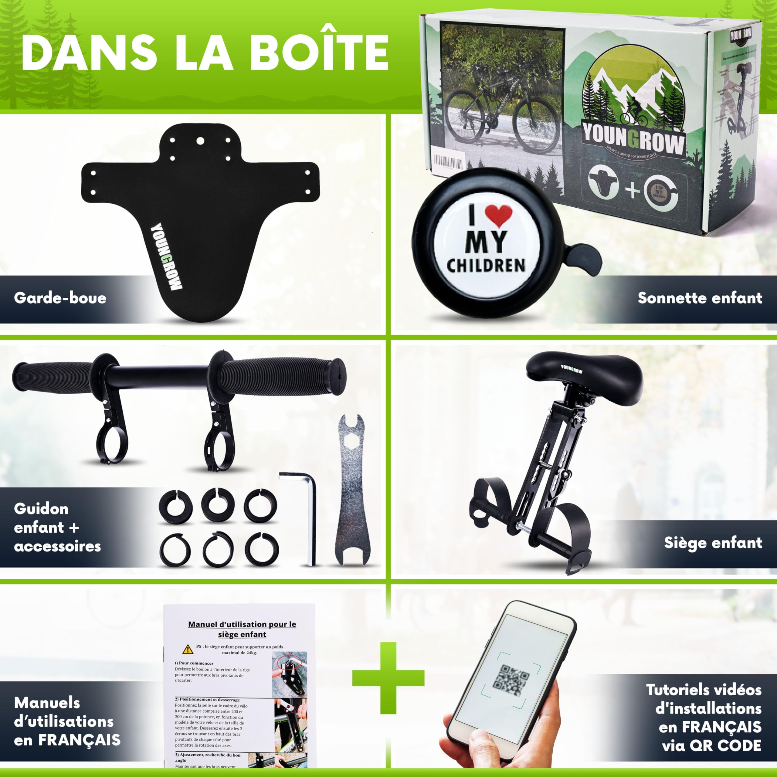 YOUNGROW | Siege Velo Enfant Avant | La Selle Velo Enfant est Compatible avec Les VTT, pour Les Enfants de 2 à 6 Ans pour Un Poids Maximal de 24kg - Siege Enfant Velo Confortable