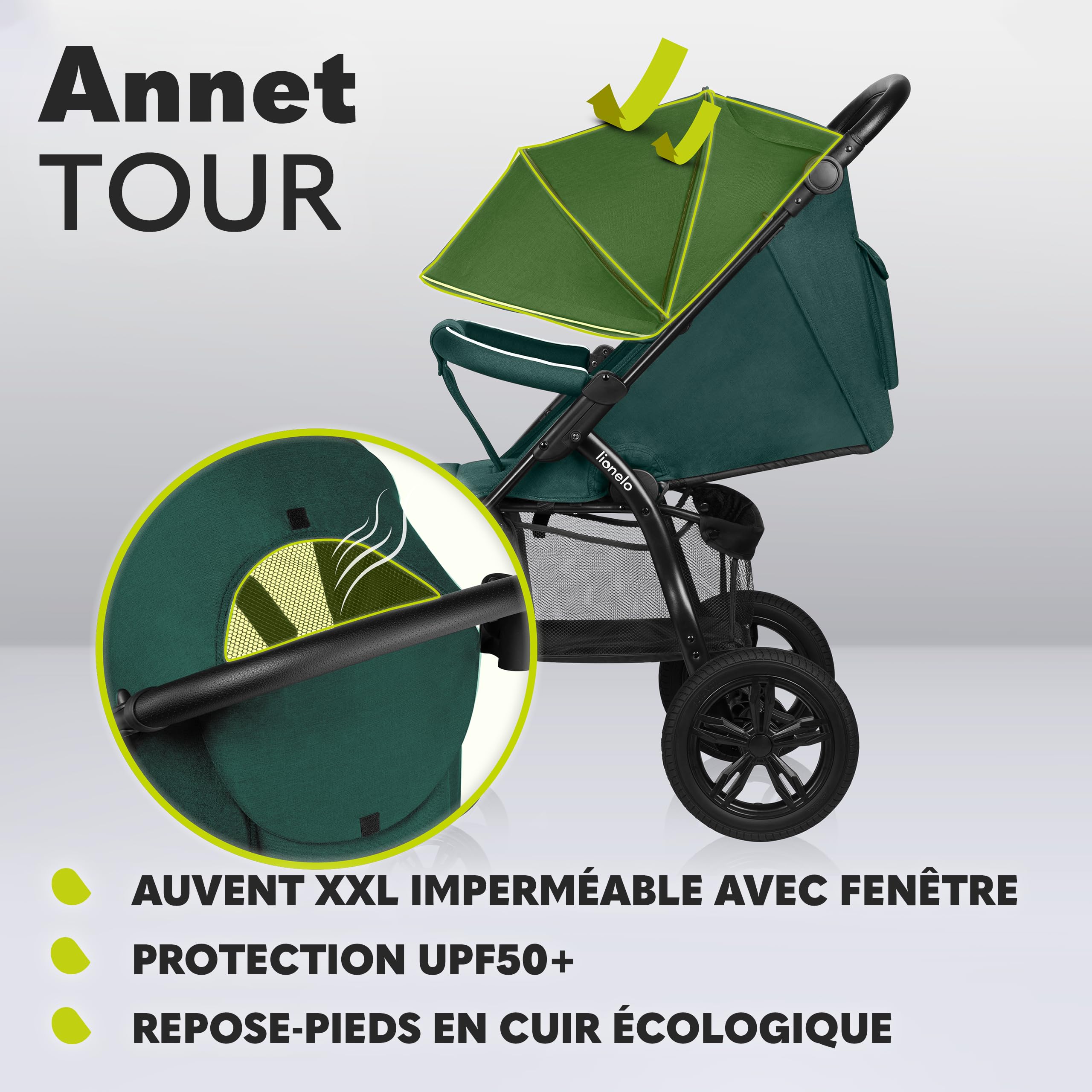 LIONELO Annet Tour poussette canne universelle jusqu'à 22 kg, réglage du dossier jusqu’à la position allongée, roues sans entretien, auvent imperméable XXL, ceintures à 5 points (vert)