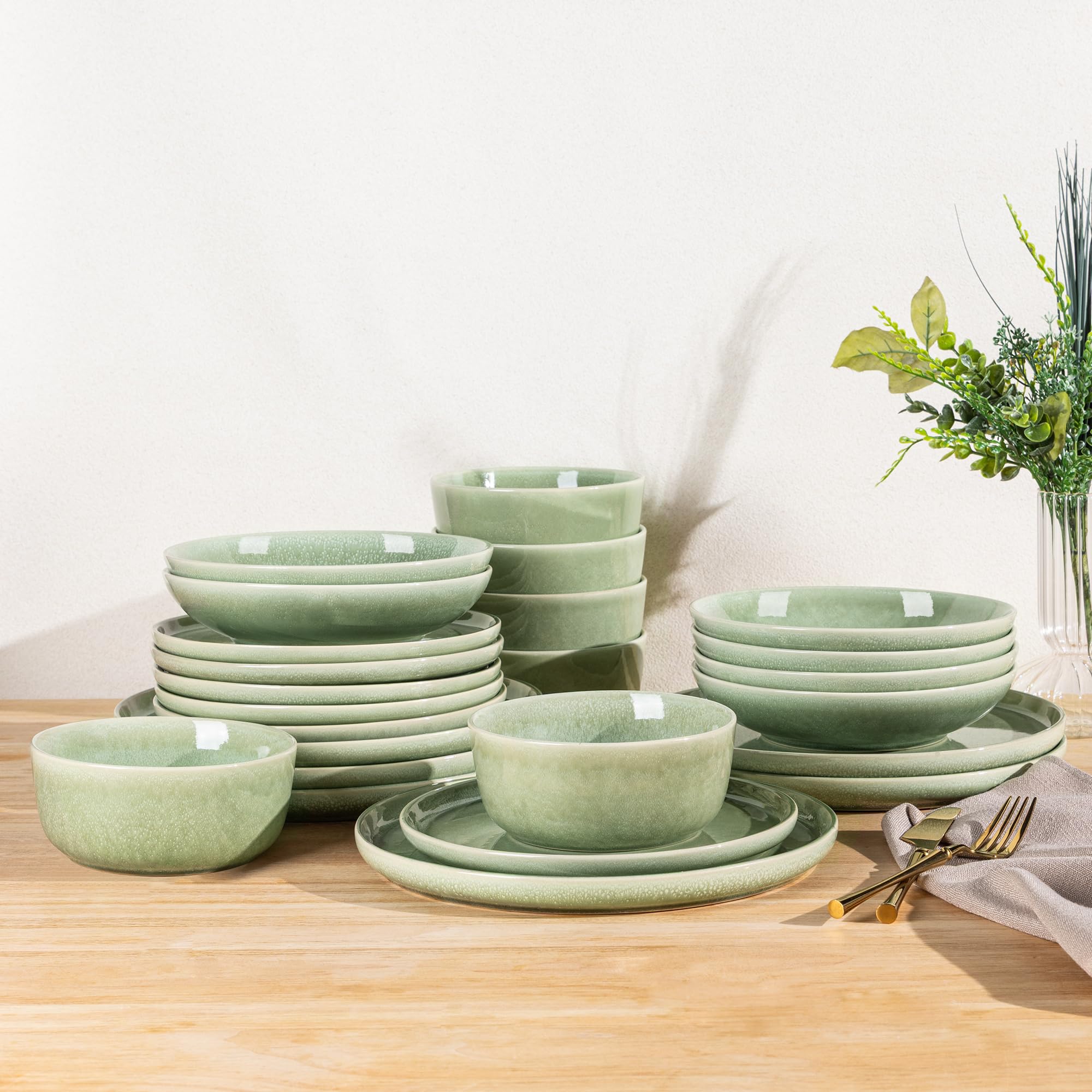 GBHOME Dinner Set for 6, 24 Piece Stoneware Set - Round Reactive Glaze Plates & Bowls, Highly Chip and Crack Resistant | Dishwasher and Microwave Safe Crockery Set