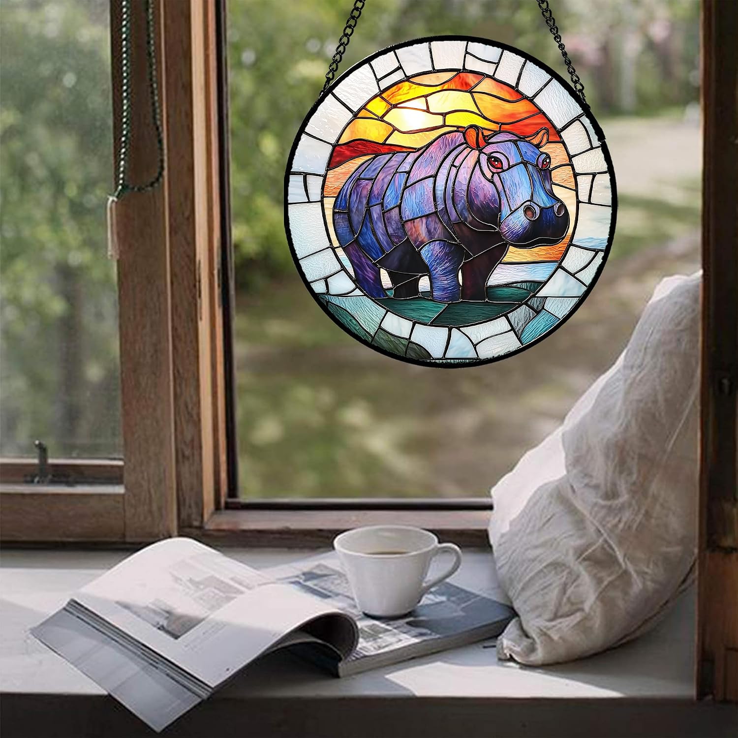 Stained Glass Window Hanging - Blue Hippo Golden Sunshine Suncatcher for Doors Window Home Sun Catchers Decor Christmas Mother's Day Birthday Gifts for Teacher Women Men Mom Nana 6.3 in image 5