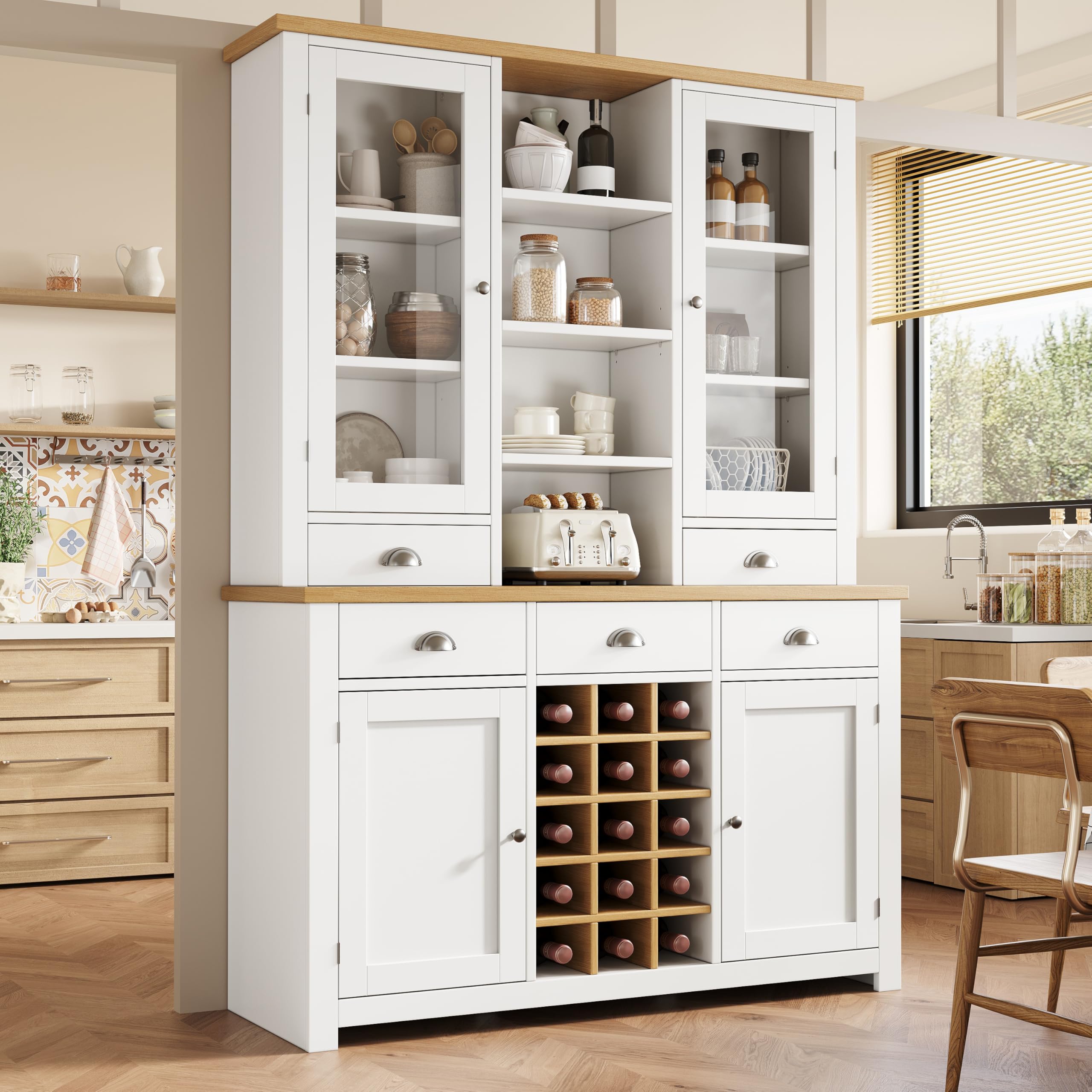 SUKY Armario alto multiusos para el hogar con protección antivuelco, armario de pie para cocina y salón con puerta de cristal, asas de metal y función de cierre suave, estante para vino extraíble, 120