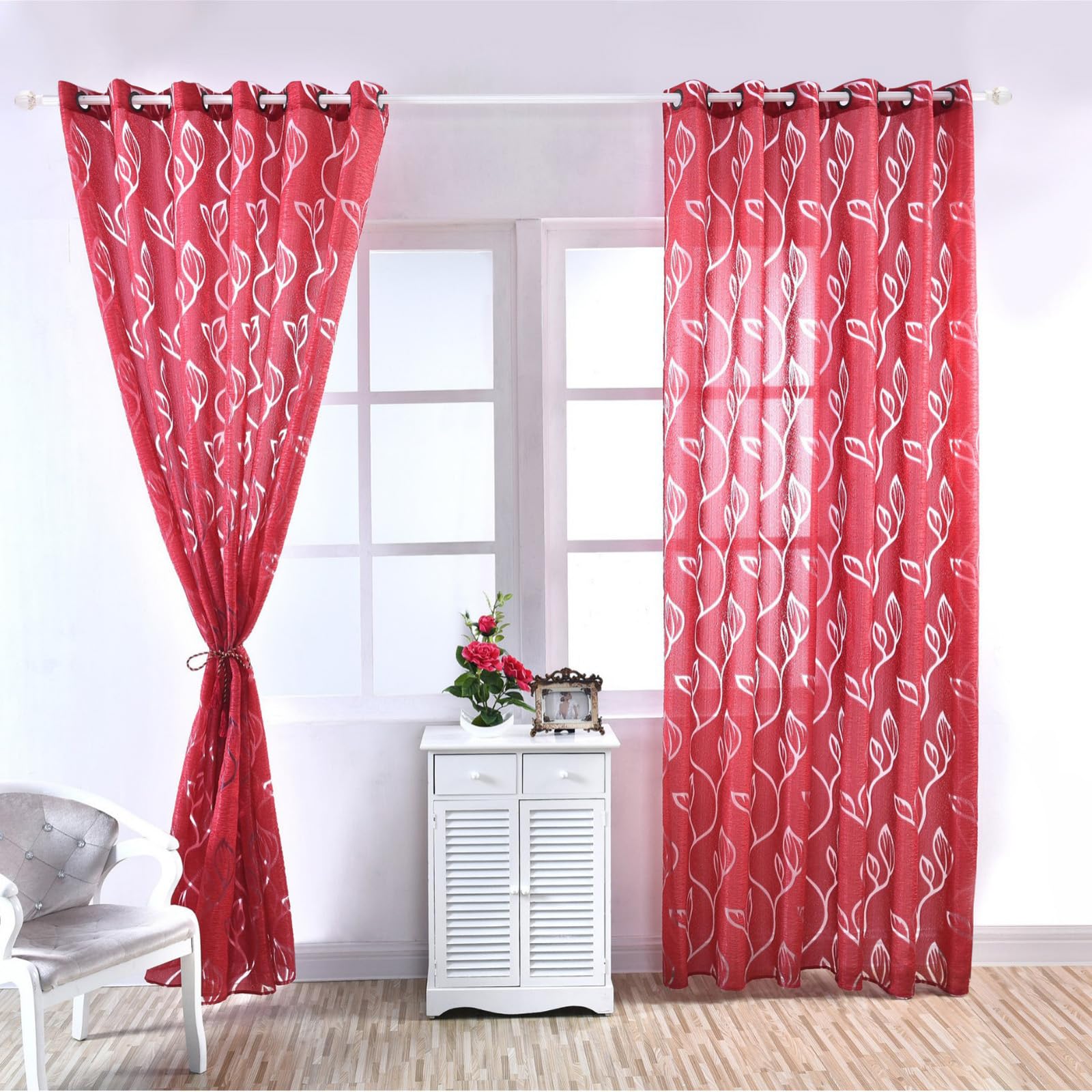 SSWH White Voile Curtains, 2 Panels Sheer Net Curtains Light Filtering Voile Panel with Leaf Pattern for Bedroom Living Room(Size:100x250cm/W 39" x L 98" (2 Panels),Color:Red)