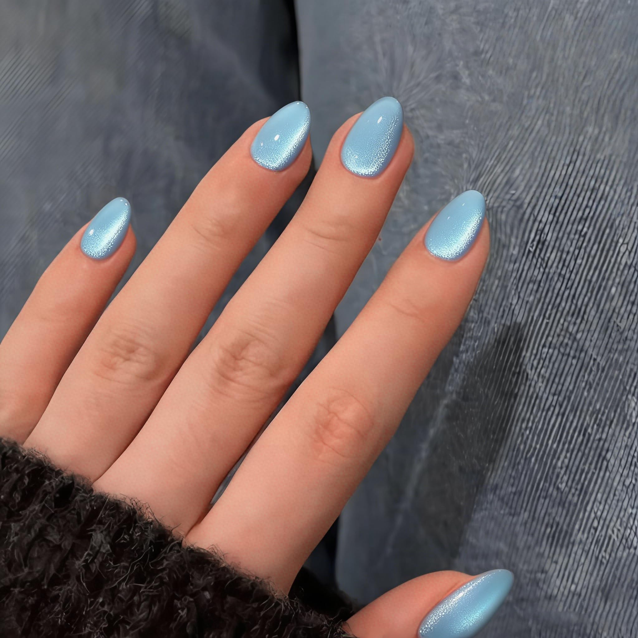 KQueenest Press On Nails Kurz - Cat Eye Baby Blau Künstliche Nägel zum Aufkleben Kurz Rund, 30 Stück 15 Größen Chrome Fake Nails Press ons, Premium, Wiederverwendbar Glänzend Acryl Nägel für Damen