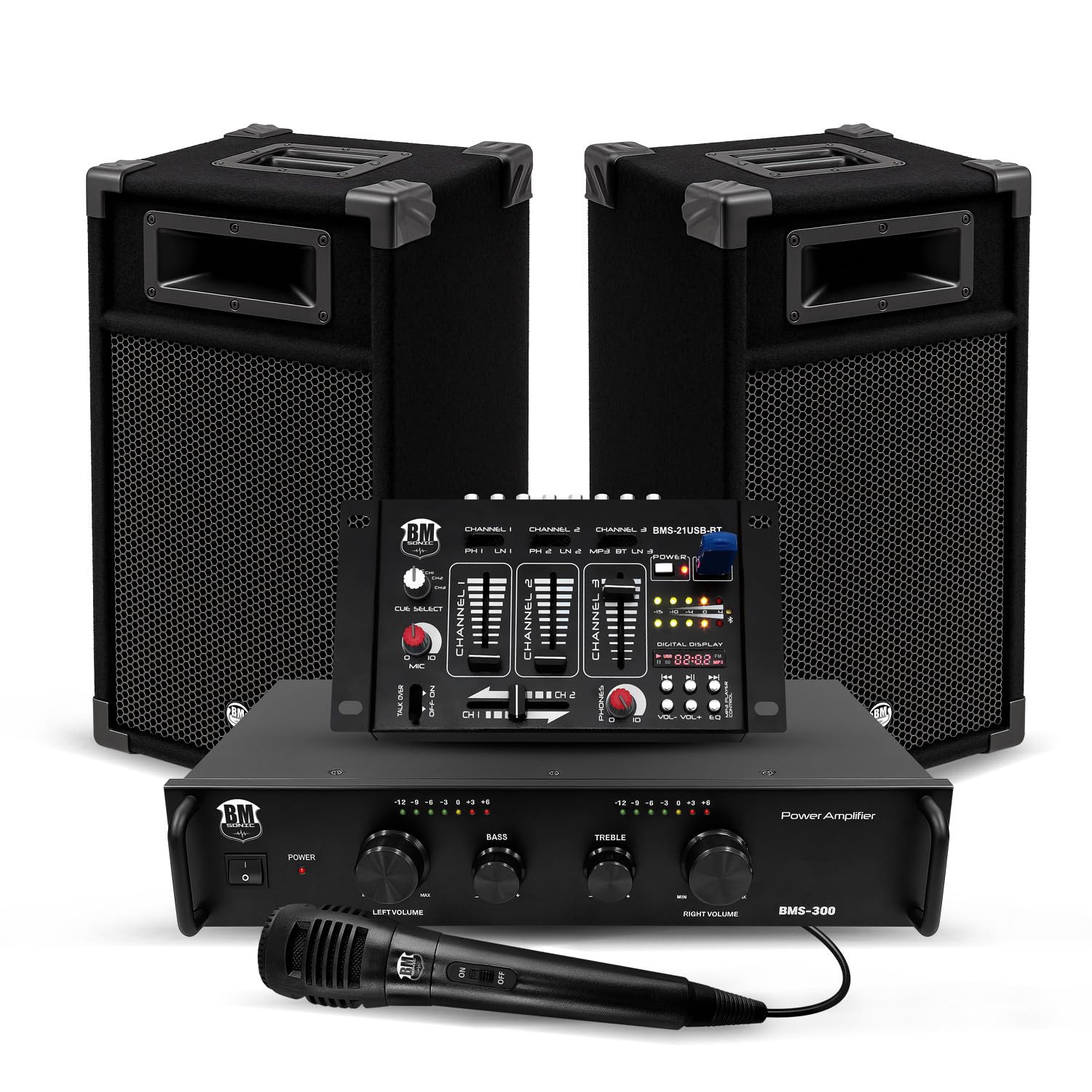 BM Sonic Kit Sonorisation DJ 300W BMS-DJ300 Enceintes Ampli Table de Mixage Bluetooth USB Micro Clé USB 32Go