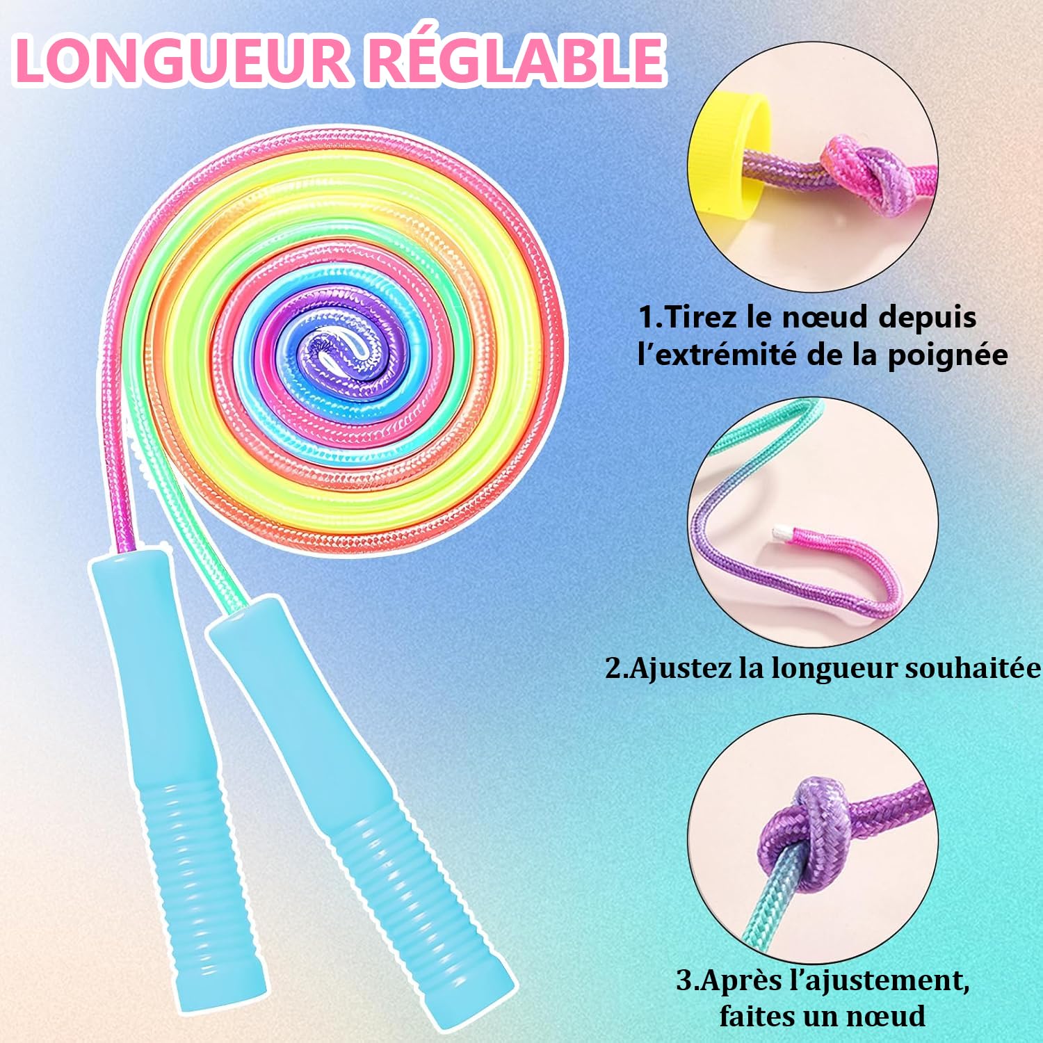 Lot de 24 Cordes à Sauter Réglables 2,2 m en Nylon Arc-en-Ciel avec Poignées Ergonomiques Antidérapantes pour Étudiants, Écoles, Sport, Entraînement Extérieur, Jeux et Fêtes