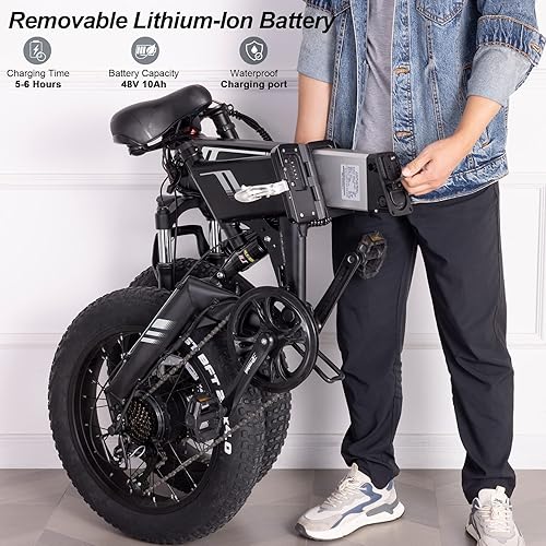 Miniatura 3 de Wooken Bicicleta eléctrica 20 pulgadas de neumáticos gruesos para adultos bicicleta eléctrica plegable de 500 W con batería de 48 V 10 Ah engranajes