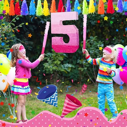 Miniatura 5 de Sratte Piñata con números de piñata rosa, decoraciones de cumpleaños, degradado con palo, confeti para niñas y niños, suministros de decoración de
