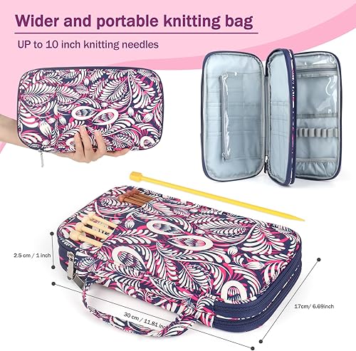 Miniatura 2 de Katech Estuche para agujas de tejer vacías portátil, organizador de bolsa de almacenamiento con cremallera con bolsillo transparente y ranuras para