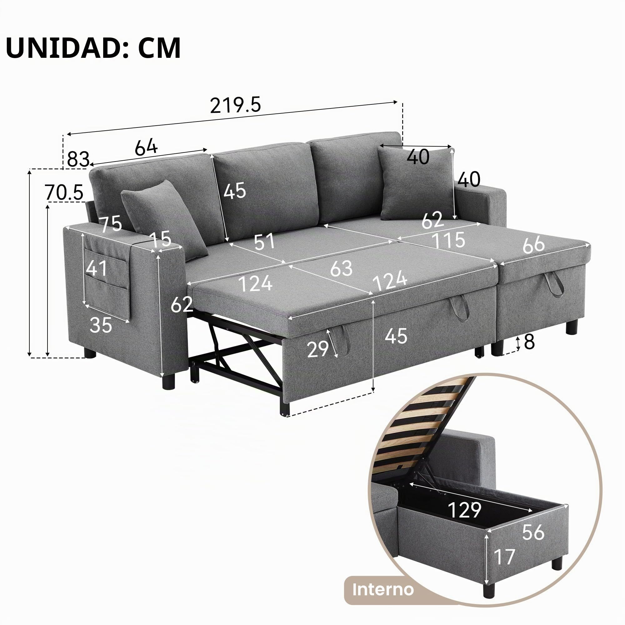 Azkoeesy Sofá cama plegable de 3 plazas con función sleep y espacio de almacenamiento, en forma de L, chaise longue sofá de salón, izquierda y derecha, intercambiable, tela de lino