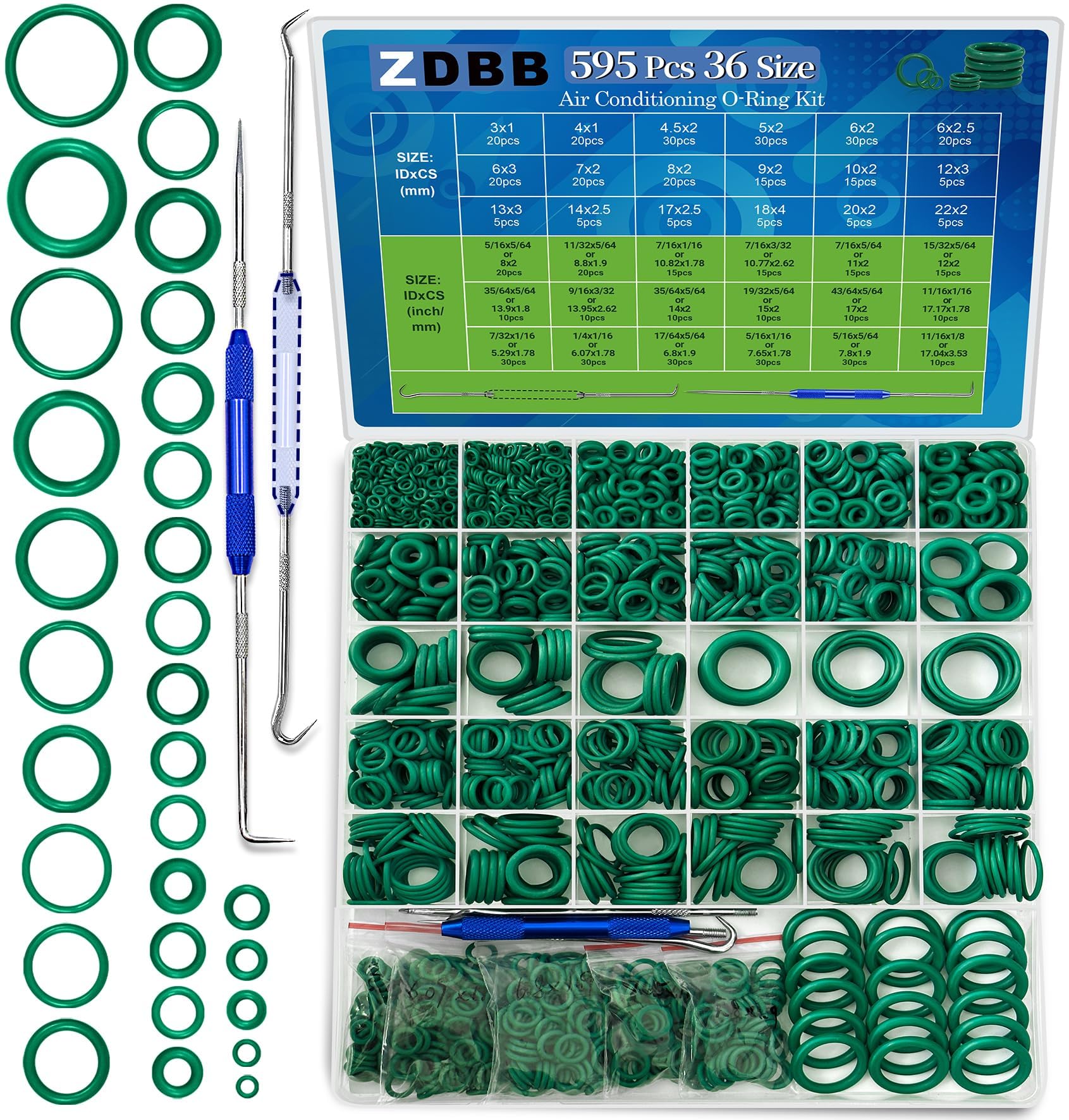 595 Pcs Automotive AC O Rings Kit, SAE and Metric Air Conditioning Orings Assortment Set for Car A/C Compressor and Professional Plumbing Faucet Seal Repair with 4 Pick & Hook (Green)