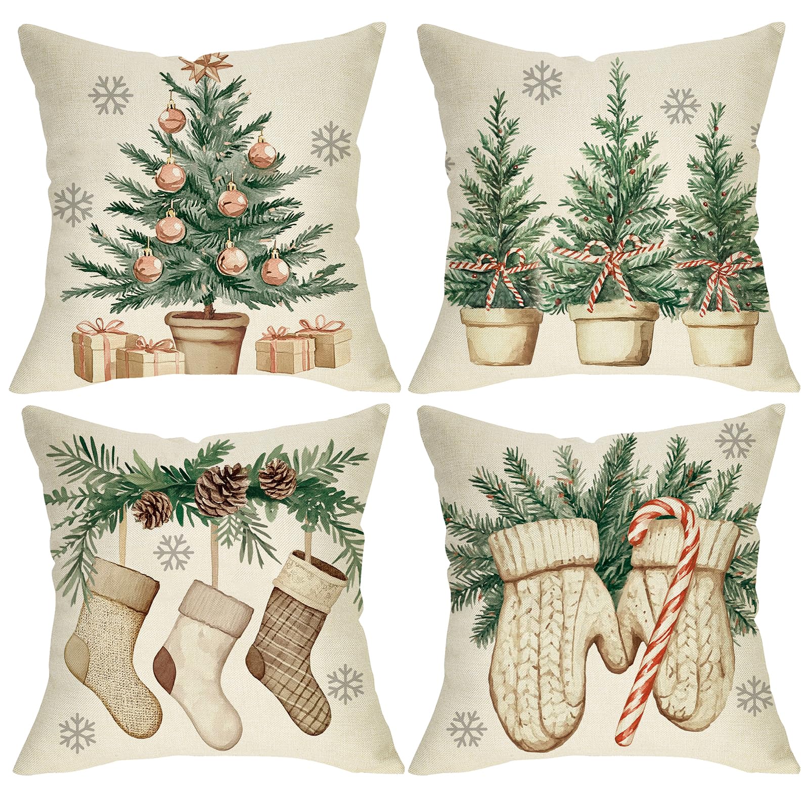 Fjfz Winter Christmas Tree Decorative Throw Pillow Covers 18 x 18 Set of 4 Mitten Stocking Gifts Porch