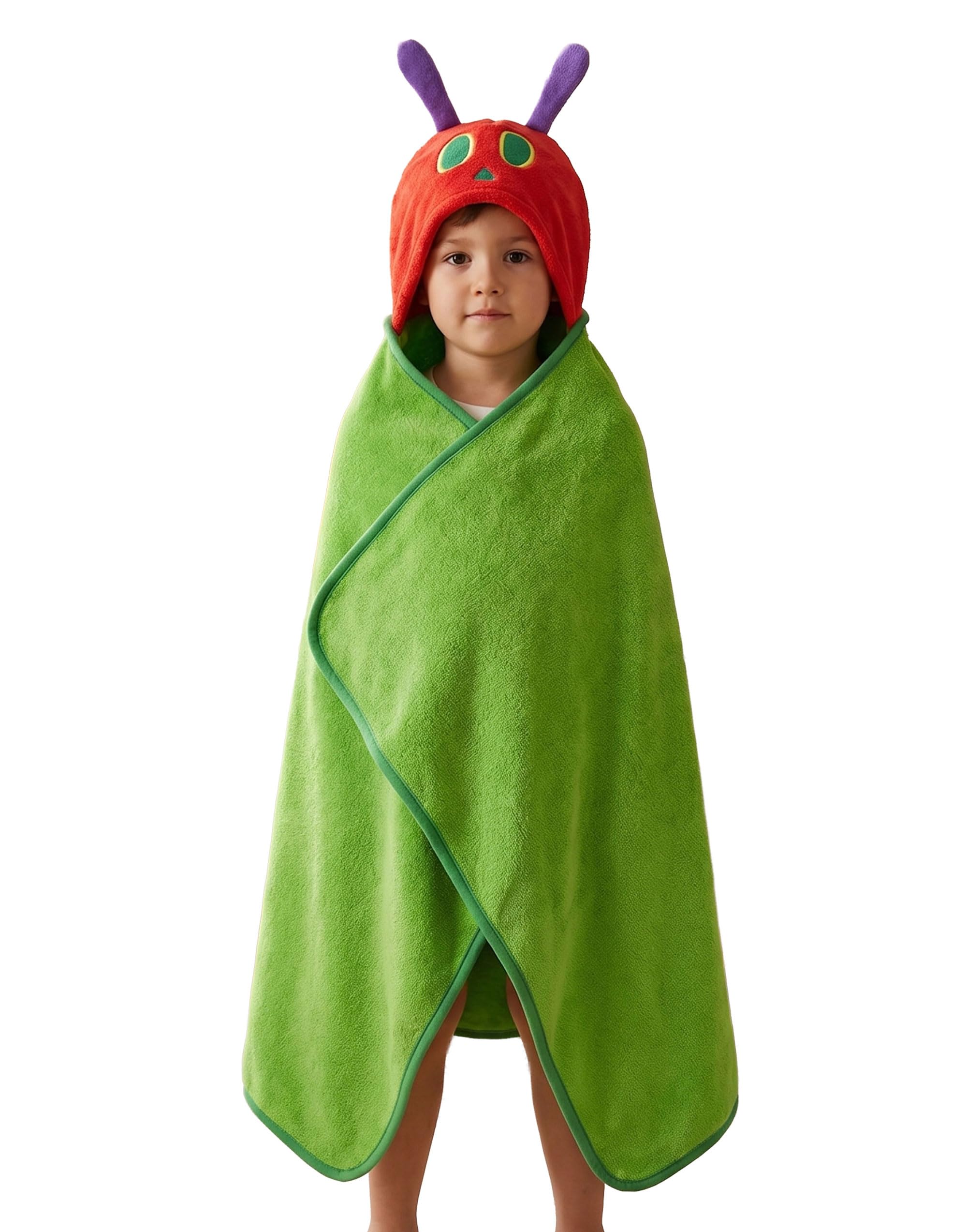 The Very Hungry Caterpillar Kids Green Hooded Blanket | Poncho Fleece Wrap with 3D Antennae & Character Hood | Snuggle Blanket for Children | Cosy TV & Sofa Throw | World Book Day Merch