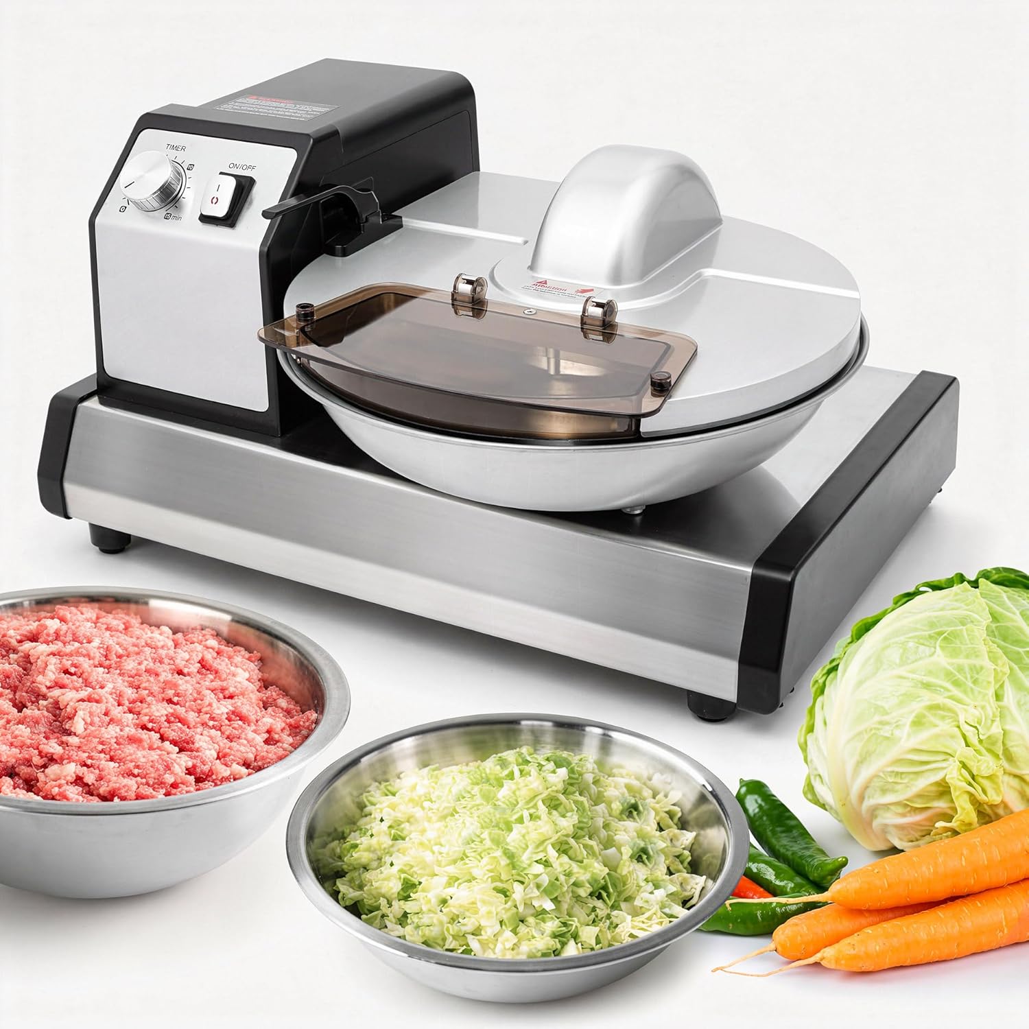 Commercial Food Processor, 5QT 250W Electric Meat Grinder & Vegetable Chopper with 1-15 Min Timer, Stainless Steel Bowl for Home & Restaurant, Heavy Duty Mincer for Dumpling Filling, Sausage, Sauce