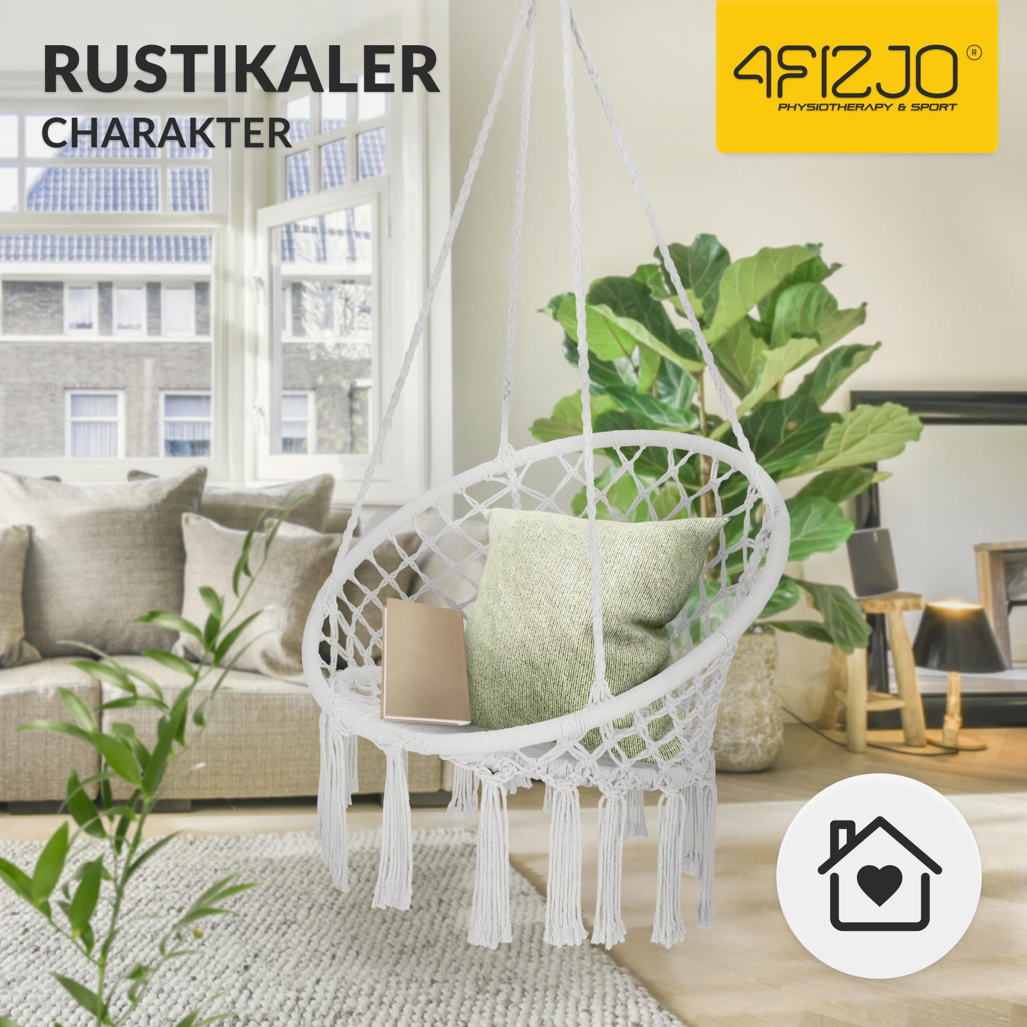 4FIZJO Hängesessel Boho, Makramee hängesessel, Garten schaukel, Hängekorb, Schaukelkorb, Therapieschaukel Kinder, Hängesessel Indoor & Outdoor, Hängesitz Patio-Rasen, Maximale Belastung 125 kg, Grau