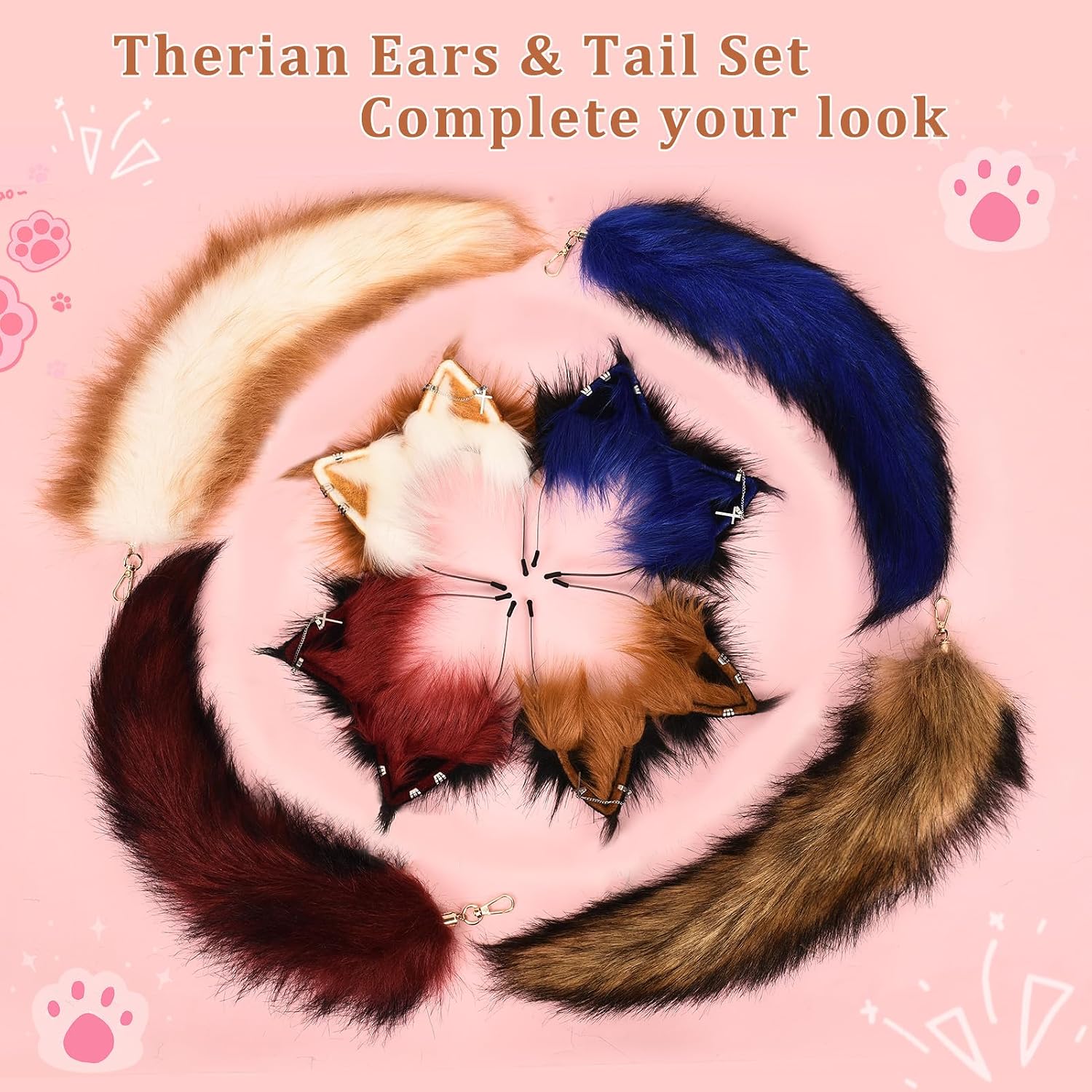 BADALU Therian Mask and Tail Set for Girls Halloween Furry Fox mask Wolf tail Cat Costume Ears Headband Faux Fur tail Cosplay Party