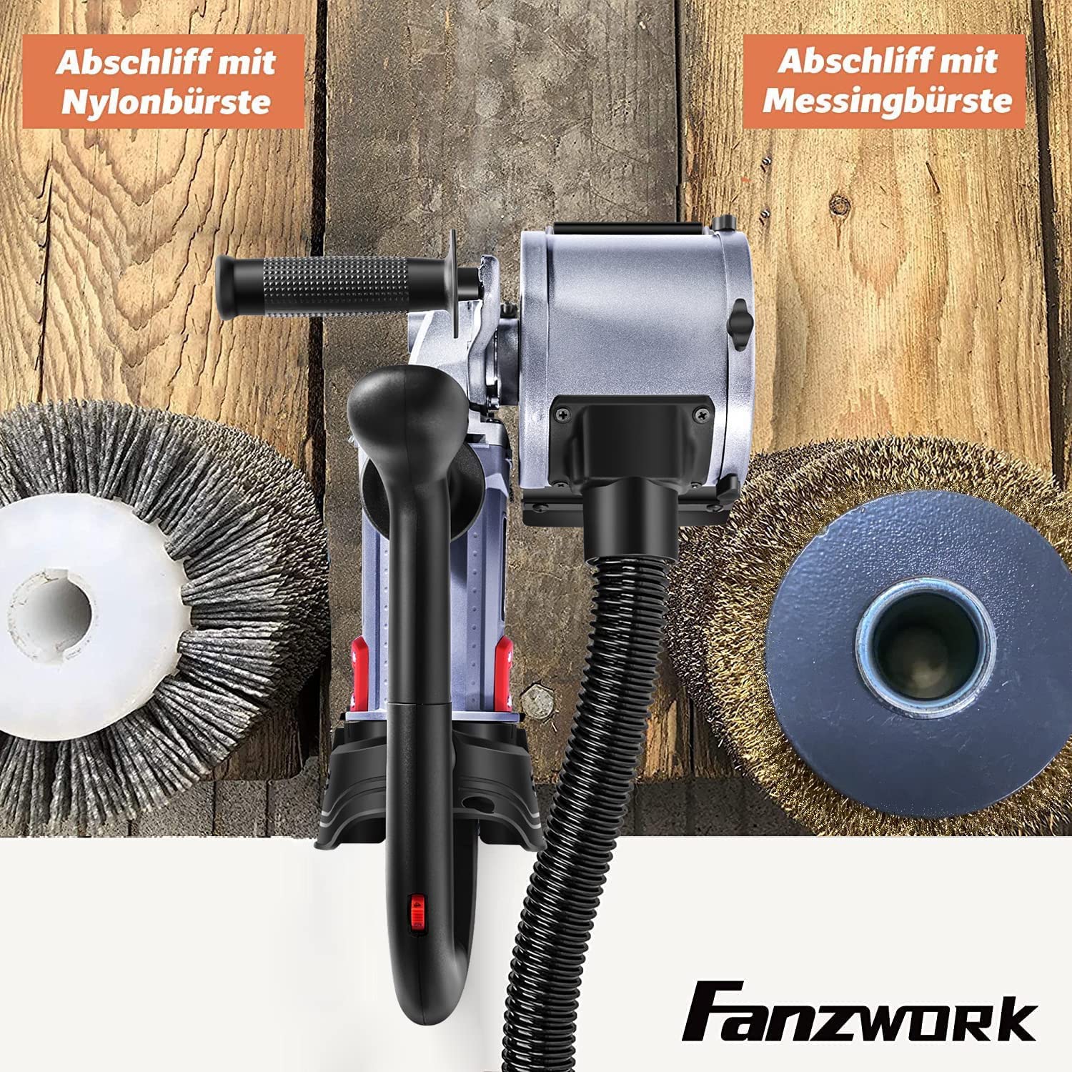 FANZWORK V2 1500 Watt Satiniermaschine Schleifmaschine Bürstenschleifgerät zur Renovierung von Oberflächen, mit Staubsaugung-Anschluss, Drehzahlregelung, Kugelgriff, Stahldraht & Nylon Bürste