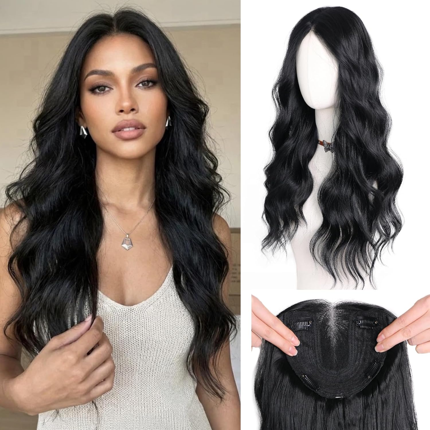Hair Topper 24 Inch Long Wavy Toppers Hair Pieces for Women Thinning Hairs Lace Hand-Tied Hairline Synthetic Heat Resistant Clip in Hairpieces 6"x6"Large Base for Daily Use Balck 3D 360°