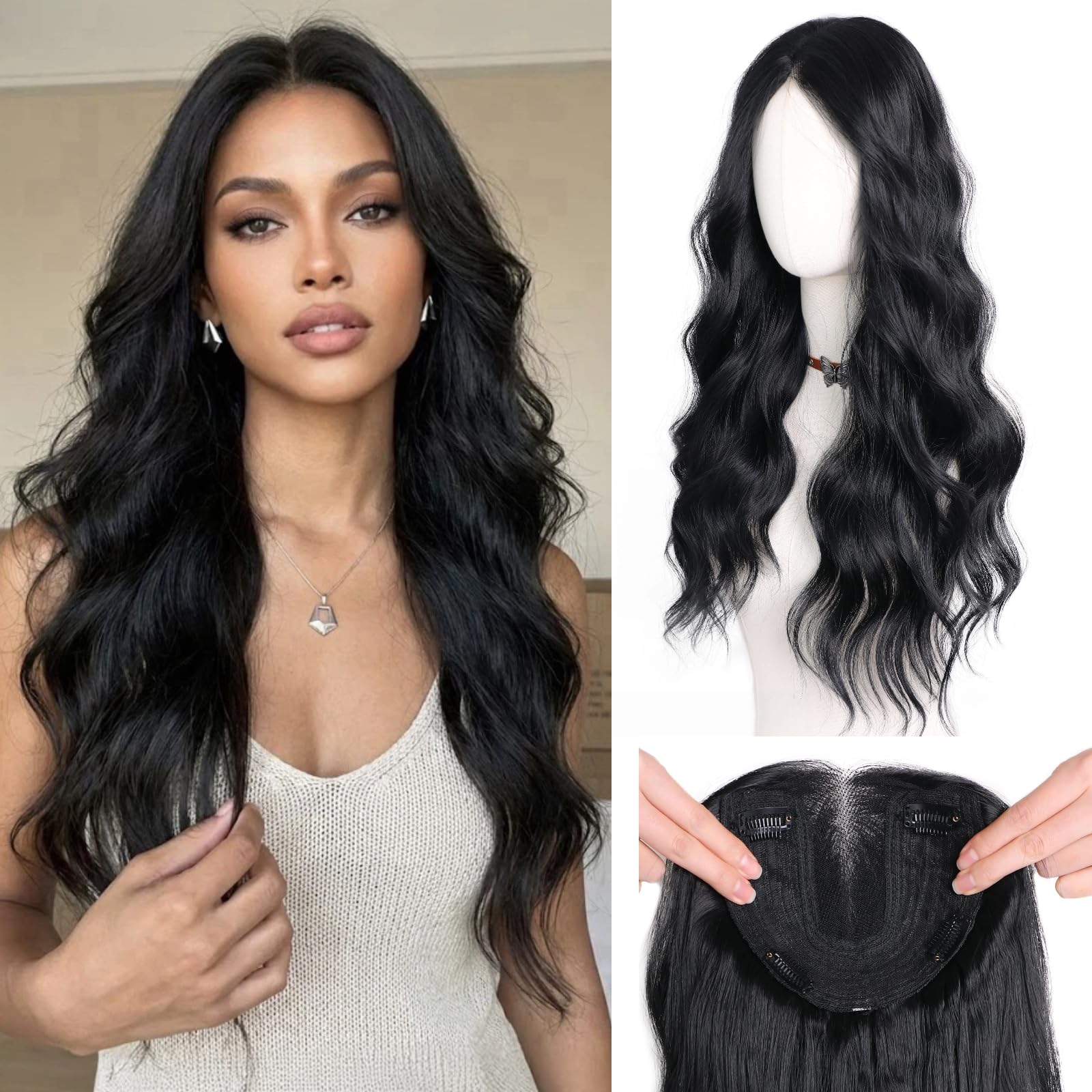 Photo 1 of **TANGLED/ HAS PRODUCT IN IT / SMELLS LIKE PARFUME*** XIXISNOW Hair Topper 24 Inch Long Wavy Toppers Hair Pieces for Women Thinning Hairs Lace Hand-Tied Hairline Synthetic Heat Resistant Clip in Hairpieces 6"x6"Large Base for Daily Use Balck 3D 360°