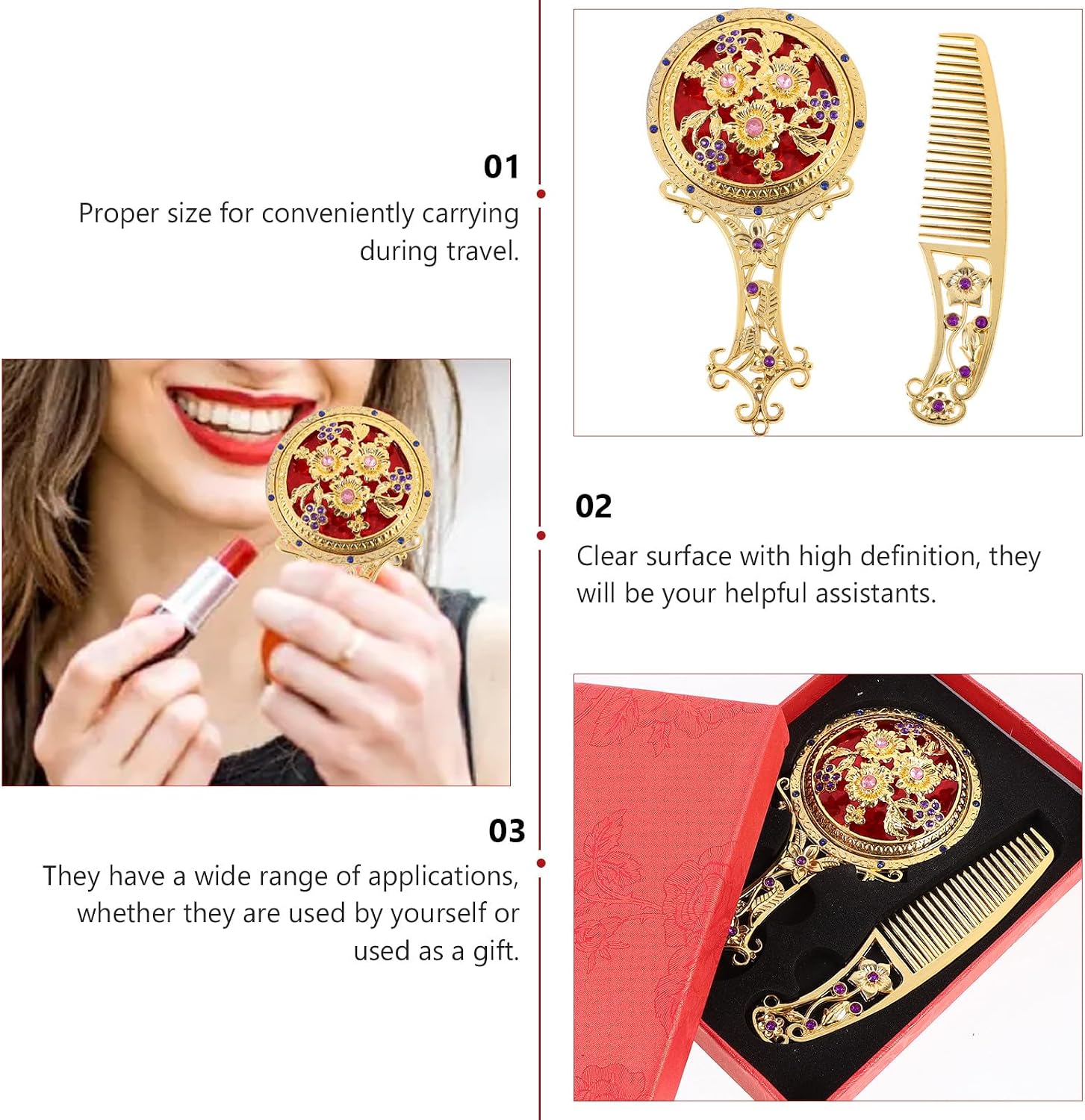 Retro Handheld Makeup Mirror and Comb Set with Hollow Floral Pattern Portable Vintage Vanity Mirror for Women for Travel and Daily Use Style