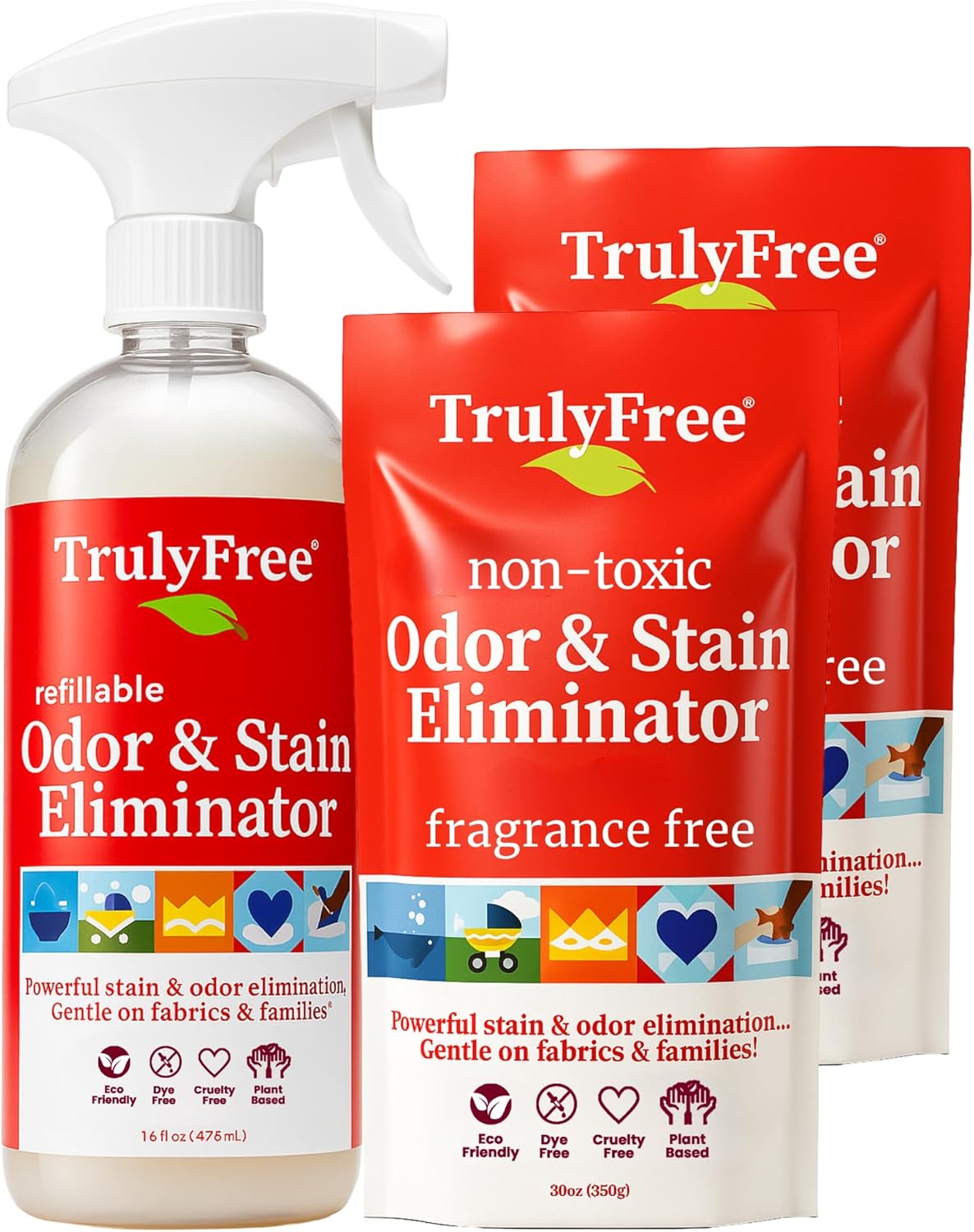 Truly Free Multi-Purpose Odor & Stain Eliminator, Pet Odor Eliminator for Home & Stain Remover for Carpet, Couch, Rugs & More, Upholstery Deodorizer, Includes 1 Empty Bottle Spray & 2 Refill (3 oz ea)