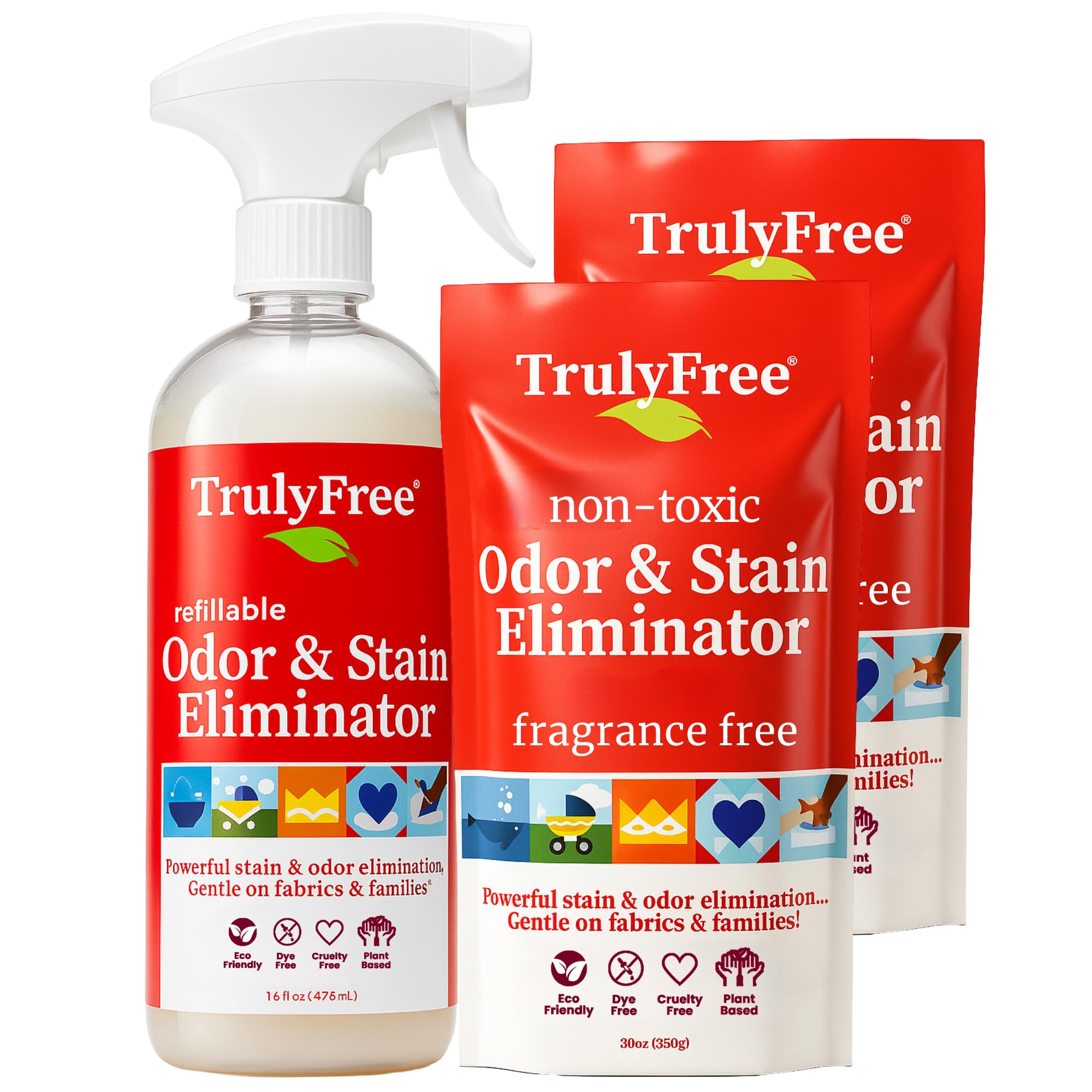 Truly Free Multi-Purpose Odor & Stain Eliminator, Pet Odor Eliminator for Home & Stain Remover for Carpet, Couch, Rugs & More, Upholstery Deodorizer, Includes 1 Empty Bottle Spray & 2 Refill (3 oz ea)