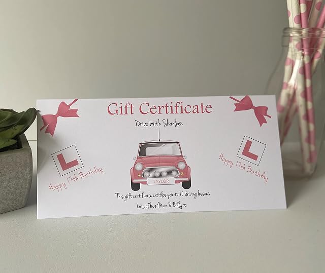 Personalised Driving Lessons Birthday Card Gift Certificate Voucher Pink 17th 18th Any Age Daughter Sister Grandaughter Girlfriend