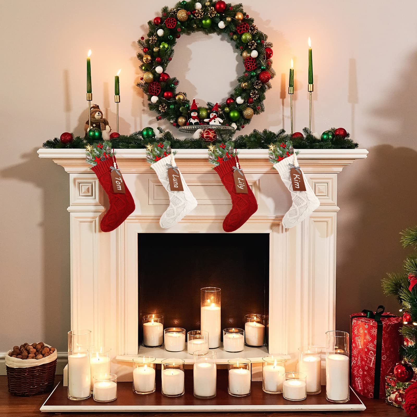 Grandi calze di Natale con etichette per nome in legno fai da te, 45 cm, grandi decorazioni natalizie da appendere con etichette per calze di Natale, decorazioni decorative per feste di Natale (rosso,