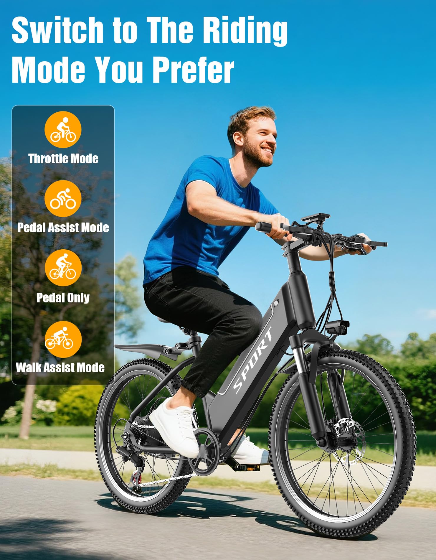 Electric Bike for Adults, 26" Ebike, Peak 1500W Motor, 40KM/H 105 KM Max Range E Bikes for Adults, 480Wh Removable Battery, Adult Electric Bicycles for Commute Mountain, 7-Speed, Front Suspension — view 6