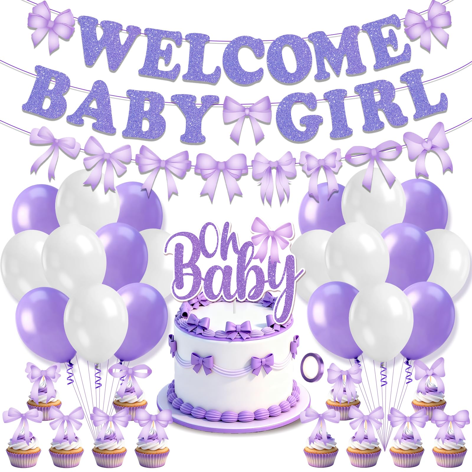 Bannière anniversaire fille violette nœud guirlande bébé