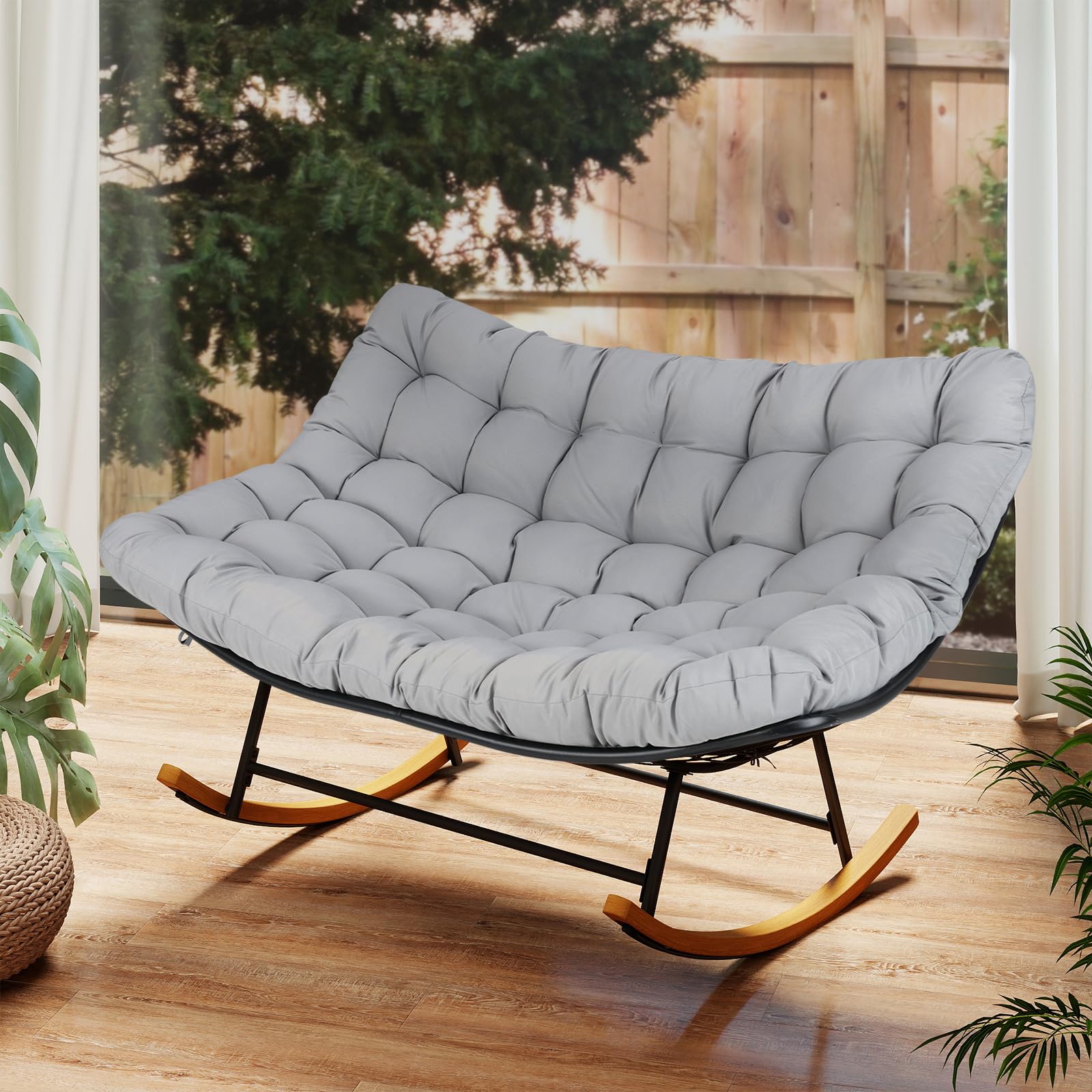 COSTWAY Fauteuil a Bascule, Rocking Chair pour 2 Personnes avec Coussin Épais Amovible, Cadre en Métal, Fauteuil Allaitement, Chaise a Bascule pour Salon, Chambre, Balcon, Charge 320 kg, Gris