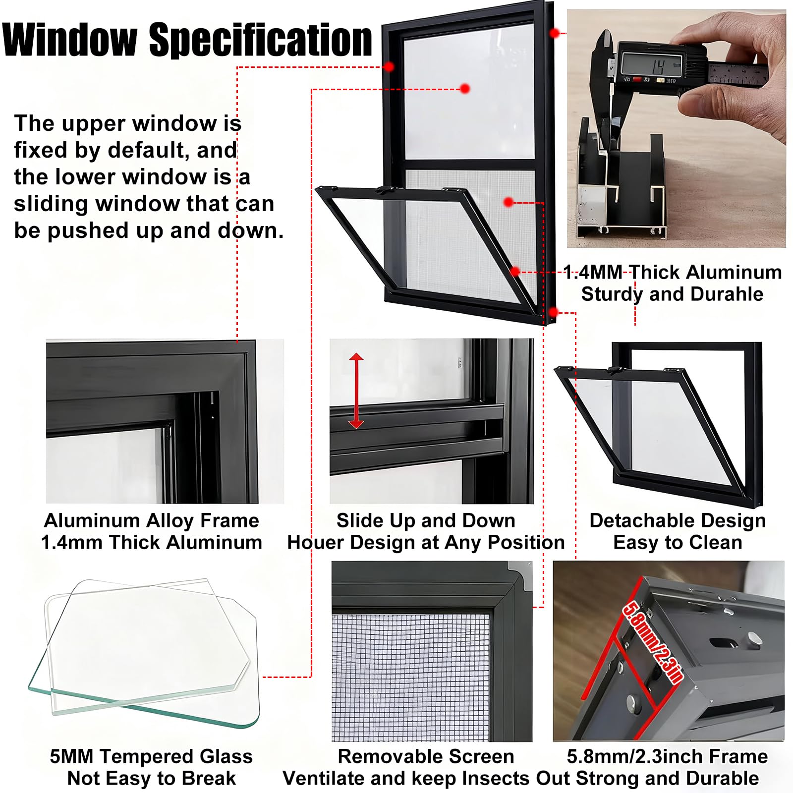 Repuesto de ventana corredera de aluminio negro de 19 x 33 pulgadas, diseño de ventilación para cobertizos, hogares, duchas, gallineros, aislamiento acústico, fácil instalación y resistente a la