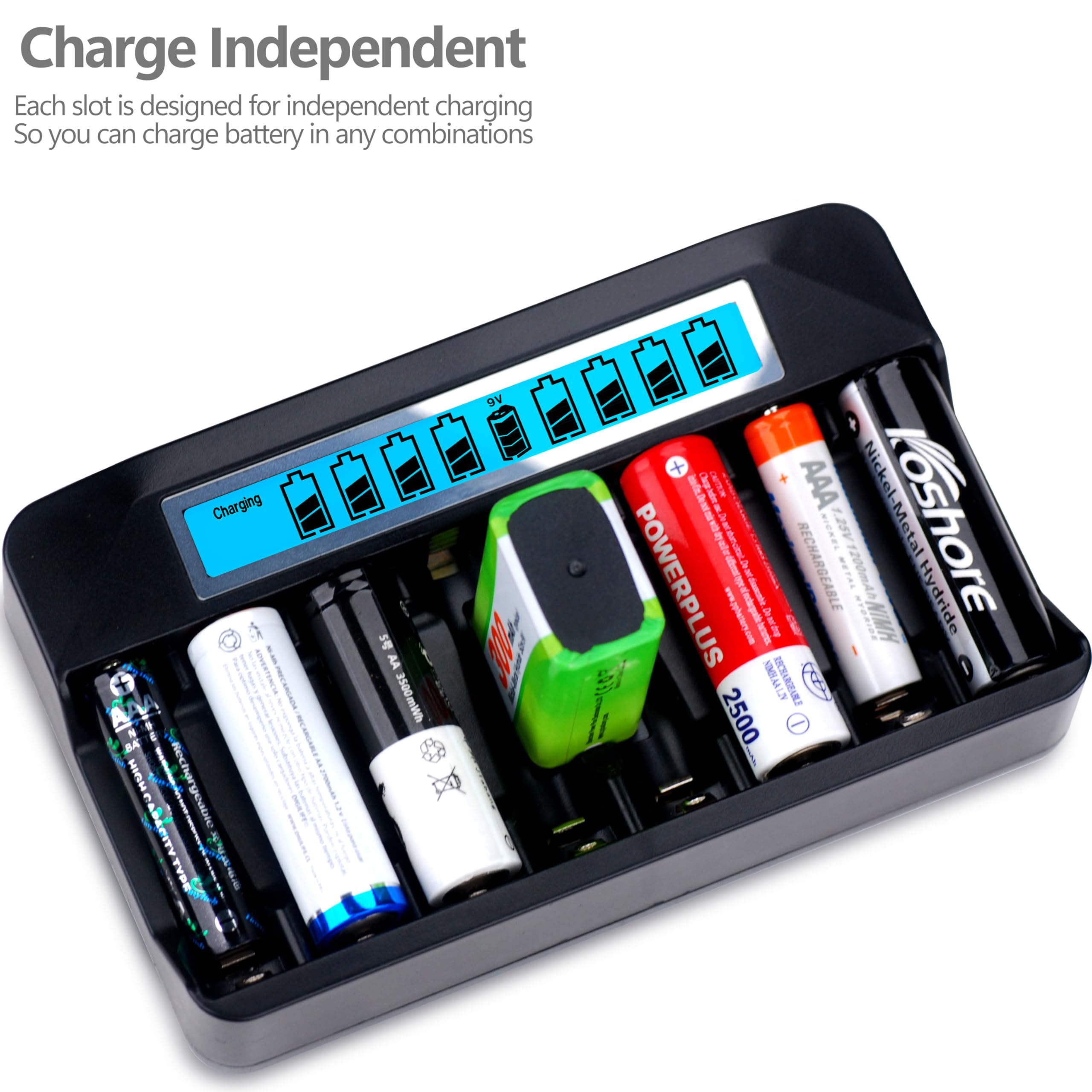 Chargeur de batterie AA AAA 9 V NiMH, 9 emplacements, chargeur rapide indépendant de 500 mA, charge par impulsion de 500 mA, écran LCD large, entrée USB-C 5 V (1 chargeur + 4 AA + 4 AAA + 1 x 9 V)