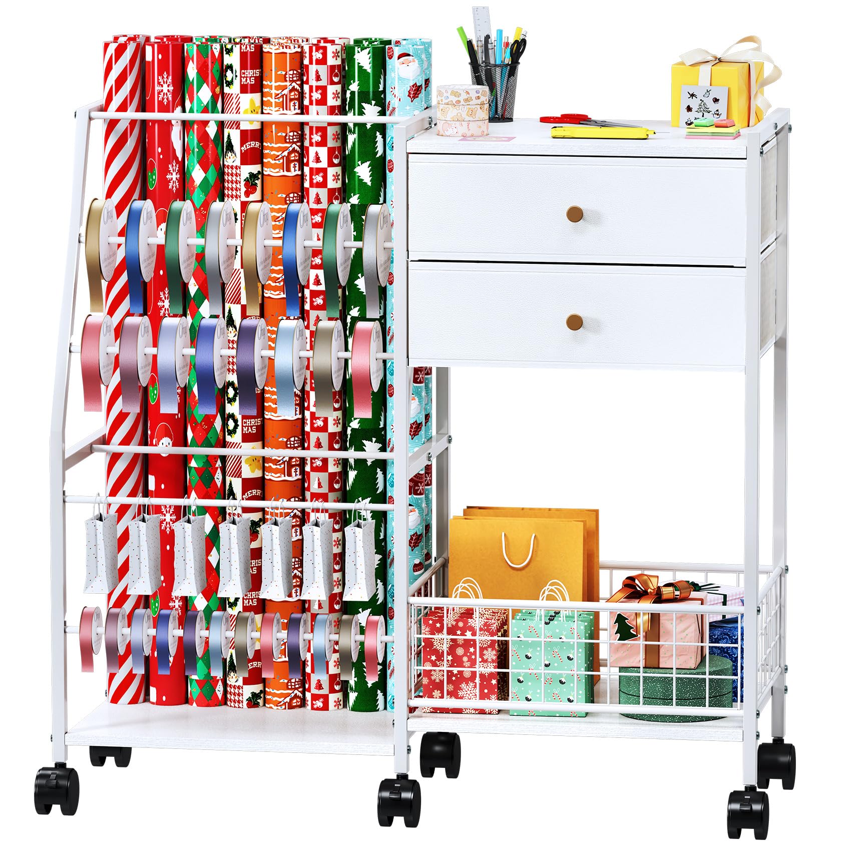 TC-HOMENY Geschenkpapier-Organizer mit Rädern, Blaudruck